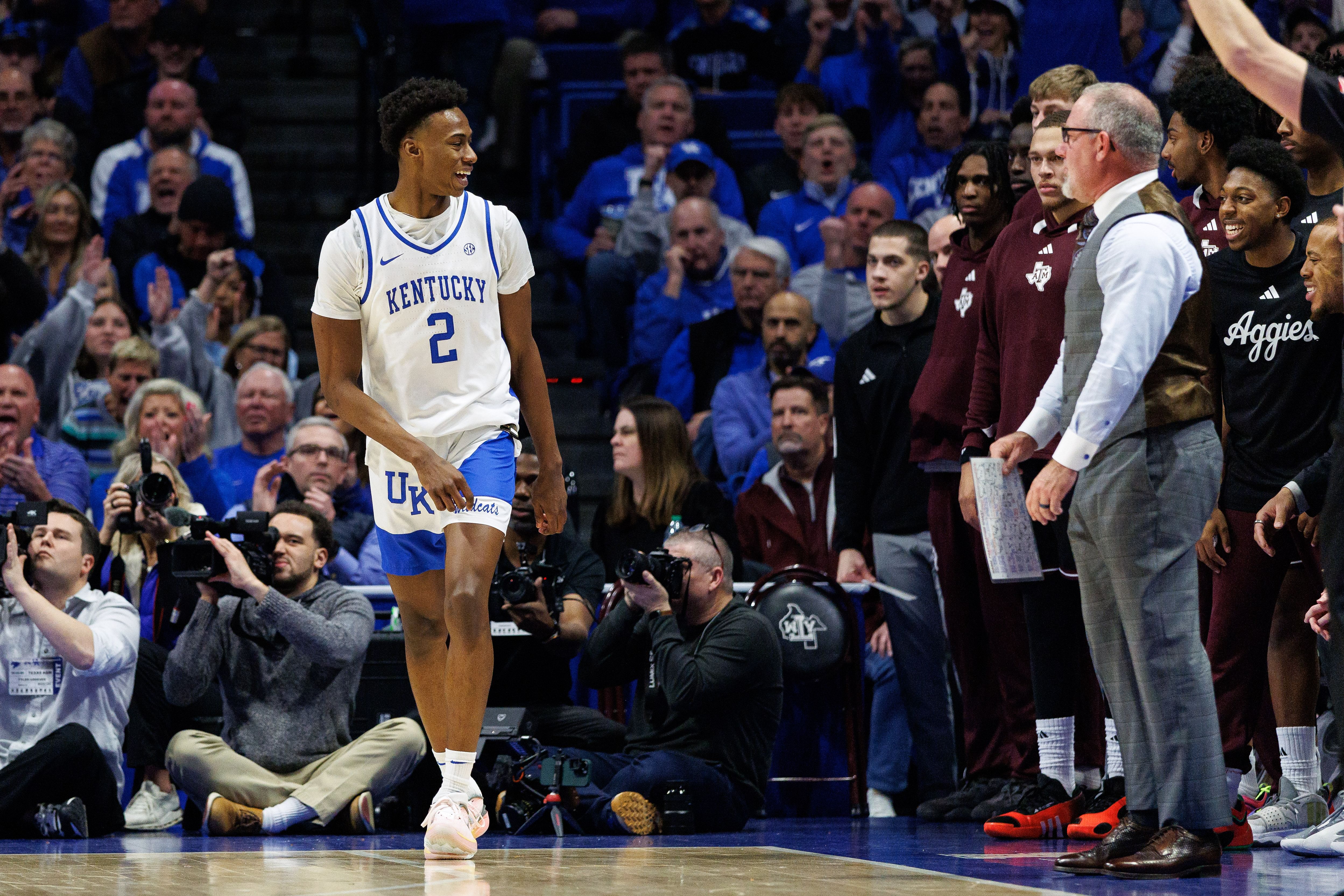 Kentucky Wildcats guard Jaxson Robinson (#2) reacts towards the Texas A&amp;M Aggies bench after making a three point basket and is assessed a technical foul during the first half at Rupp Arena at Central Bank Center (Credits: IMAGN)