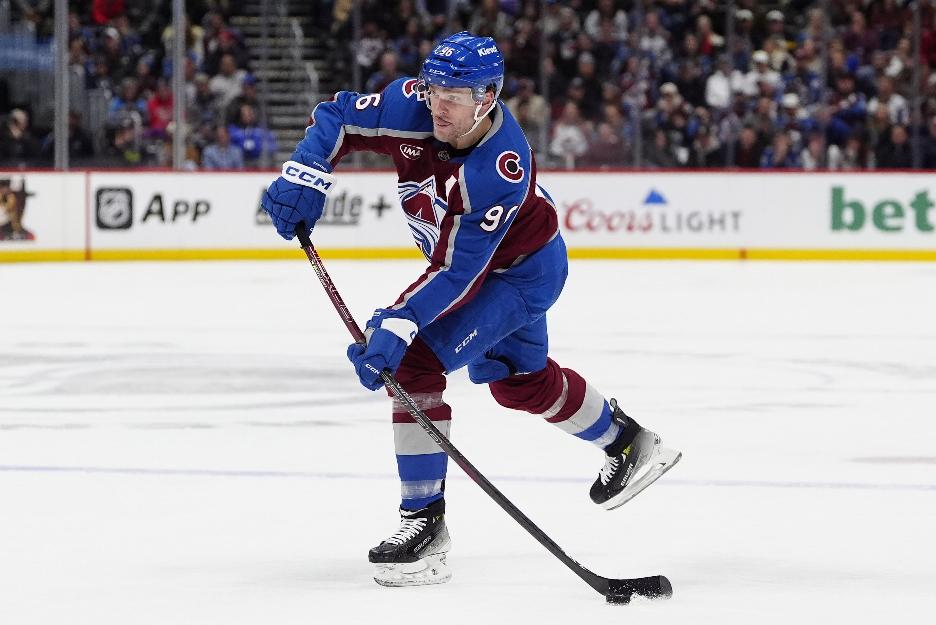 Mikko Rantanen (96) in action for the Colorado Avalanche in an NHL game. (Credits: IMAGN)