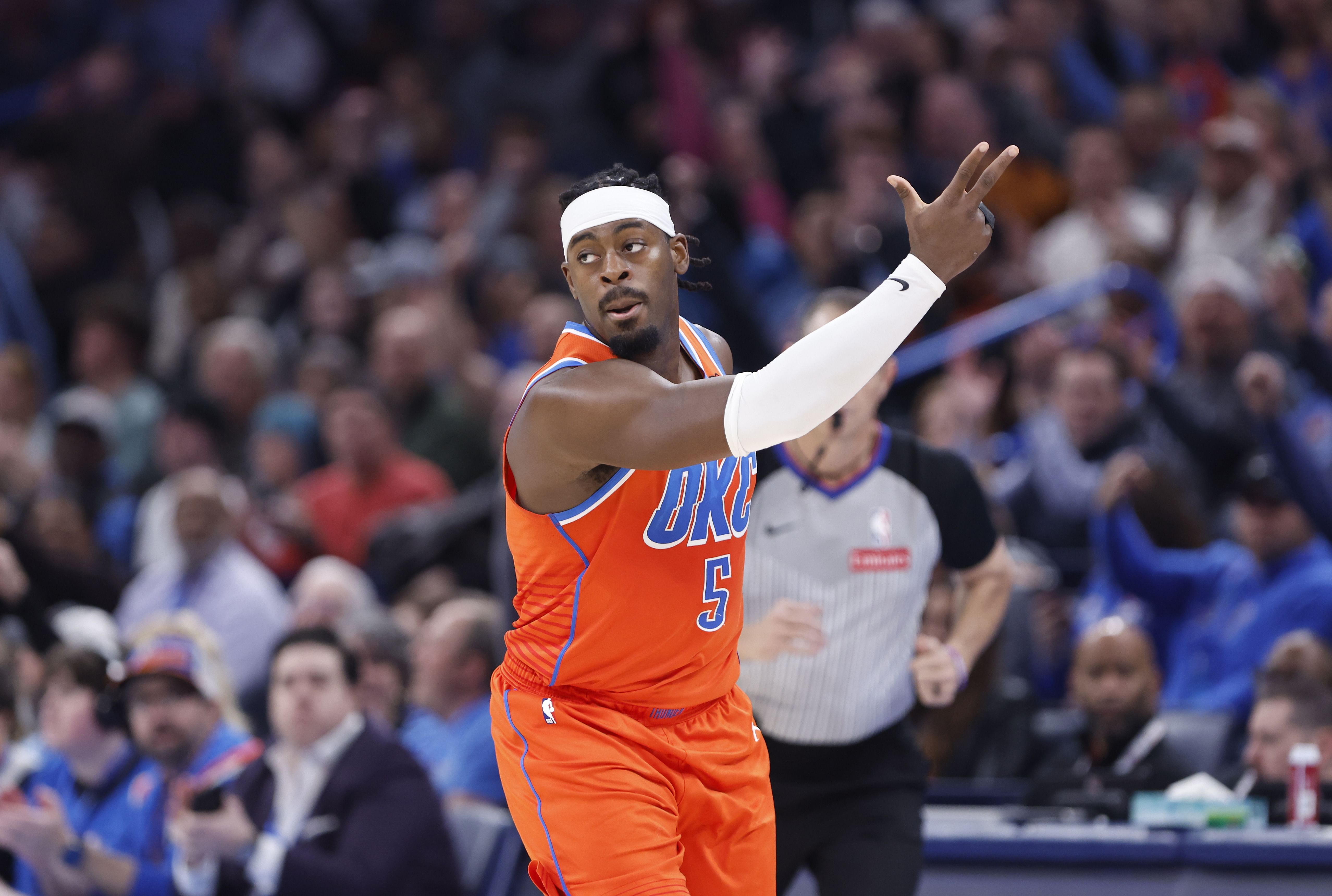 Oklahoma City Thunder guard Luguentz Dort (5) gestures after scoring a 3-point basket. (Credits: IMAGN)