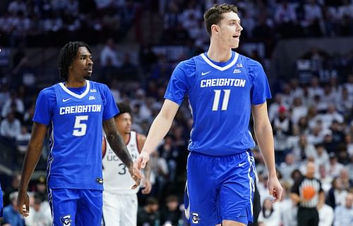 Creighton Bluejays center Ryan Kalkbrenner (11) and guard Jamiya Neal (5) look to the sideline as they take one the UConn Huskies in the first half at Harry A. Gampel Pavilion. Photo: Imagn