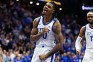 Kentucky Wildcats guard Otega Oweh (#00) celebrates after a basket during the second half against the Alabama Crimson Tide at Rupp Arena. Photo: Imagn