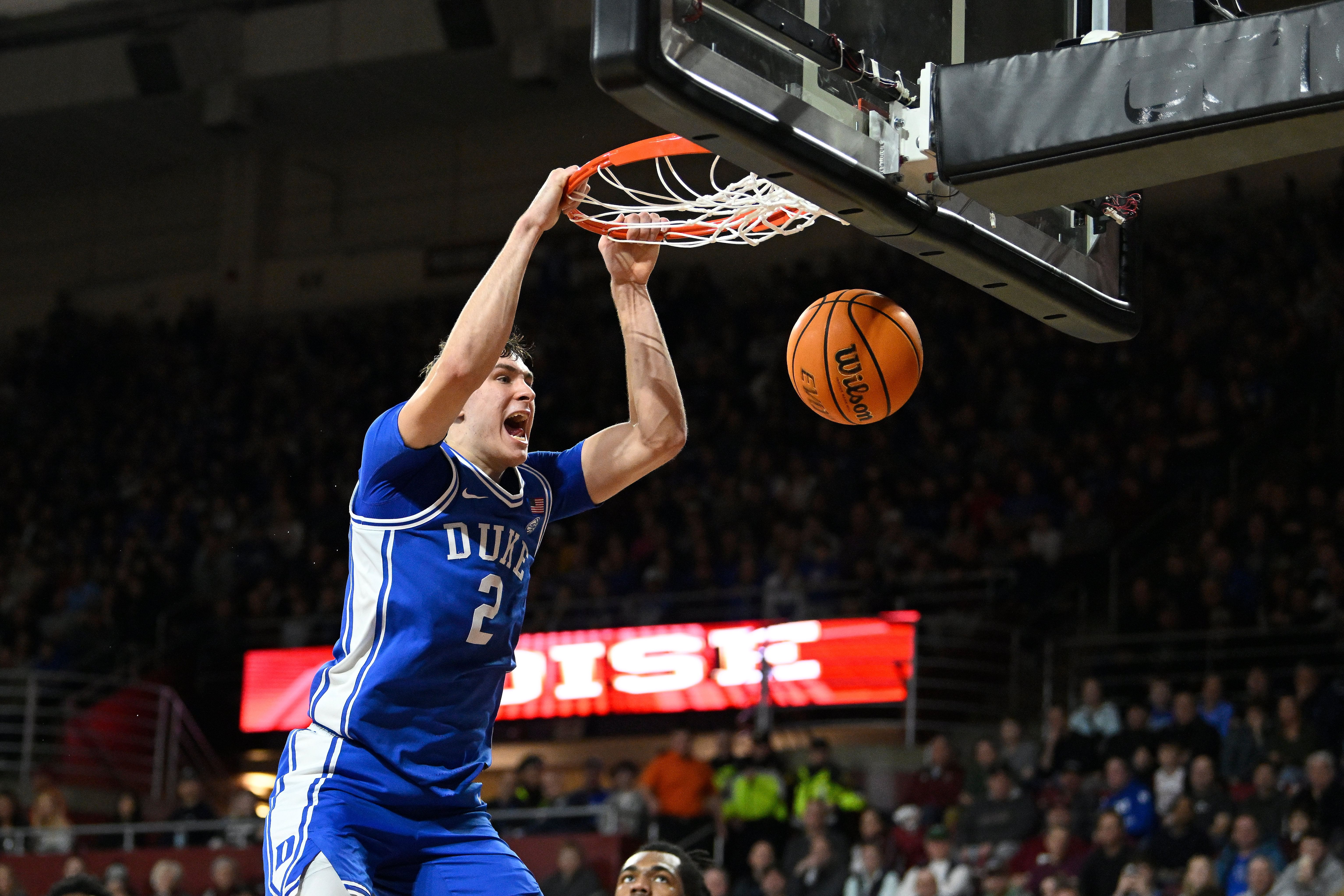 Cooper Flagg dunks the ball during Duke vs Boston [NCAA Basketball: Duke at Boston College - Source: Imagn]