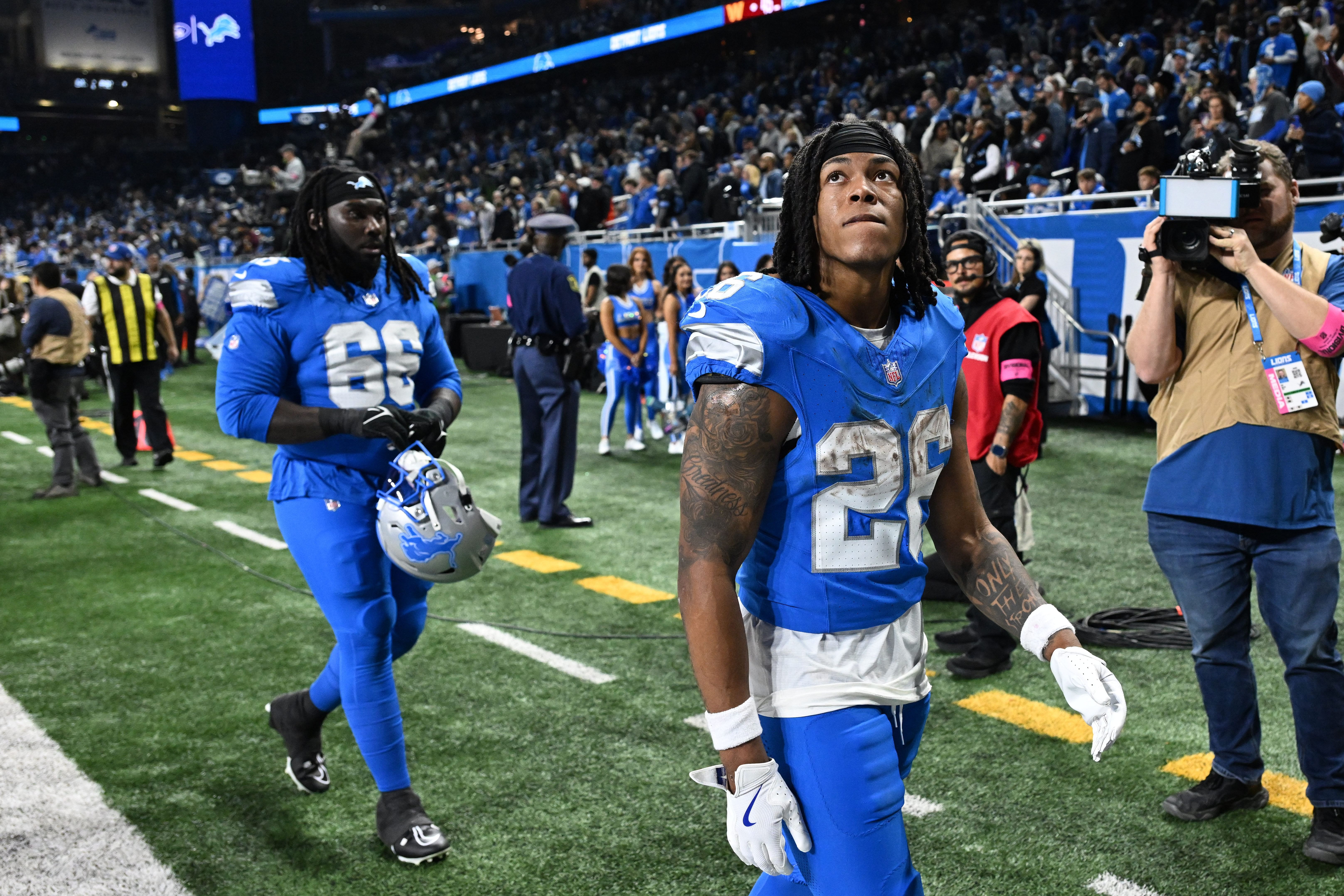 Detroit Lions running back Jahmyr Gibbs walks off the field - Source: Imagn