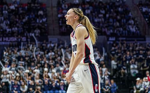 UConn Huskies guard Paige Bueckers (#5) reacts after a basket against the Seton Hall Pirates in the second half of their NCAA game at Harry A. Gampel Pavilion. Photo: Imagn