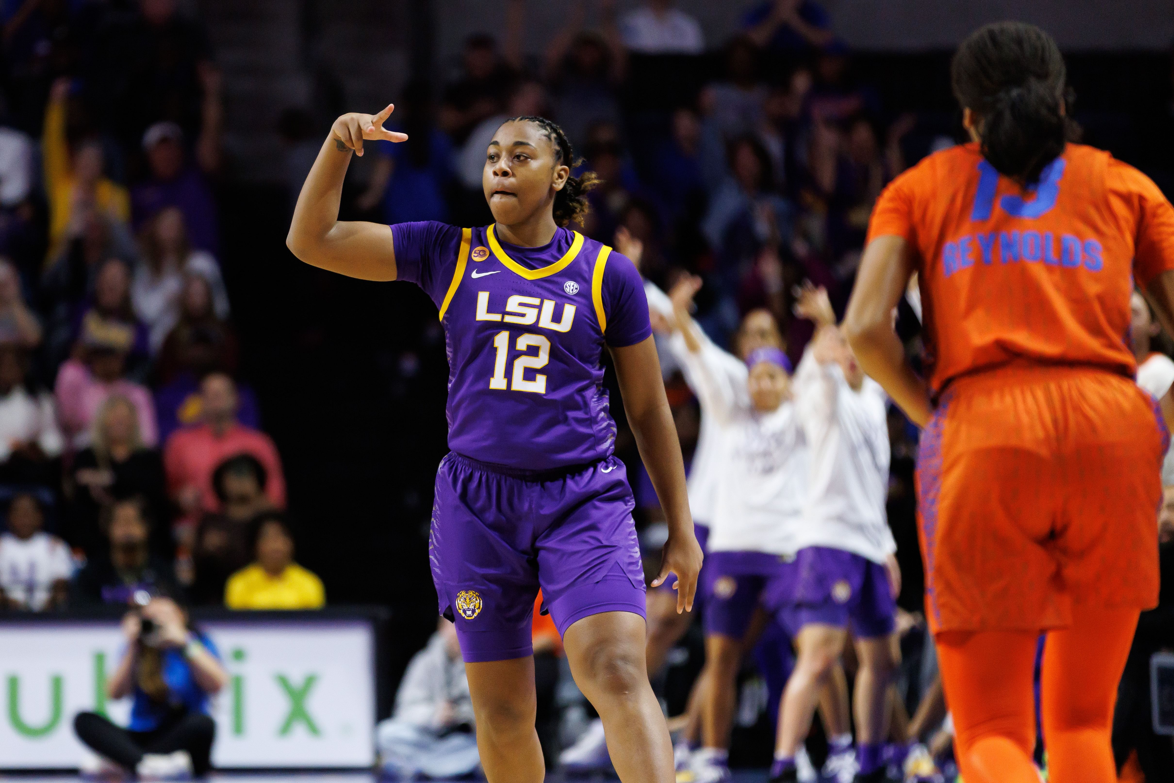 LSU Tigers guard Mikaylah Williams (12) gestures after making a three-point basket against the Florida Gators during the first half at Exactech Arena at the Stephen C. O&#039;Connell Center. Photo: Imagn