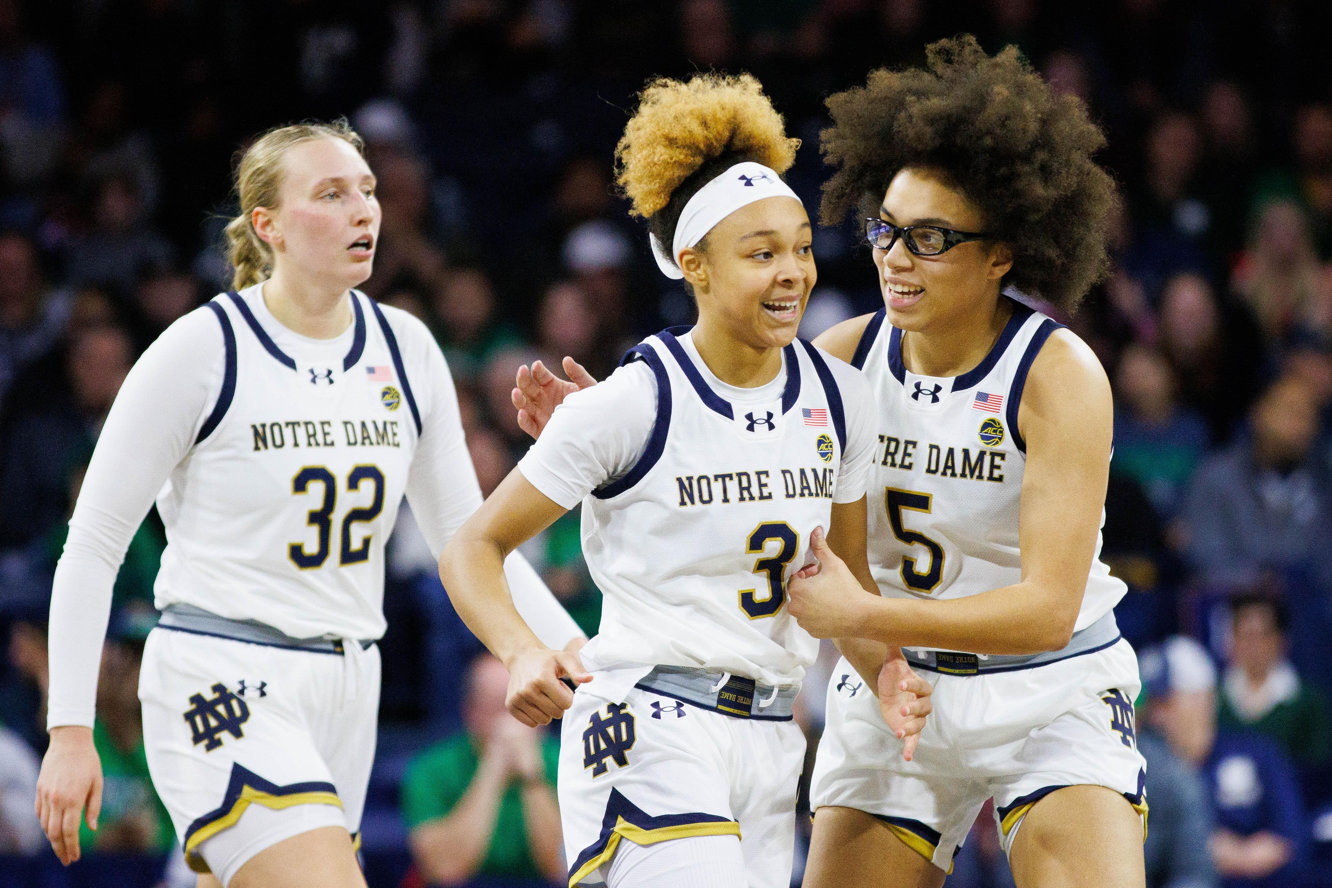 Notre Dame guards Hannah Hidalgo (#3) and Olivia Miles (#5) celebrate during their game against SMU at Purcell Pavilion on Jan. 19, 2025, in South Bend. Photo: Imagn