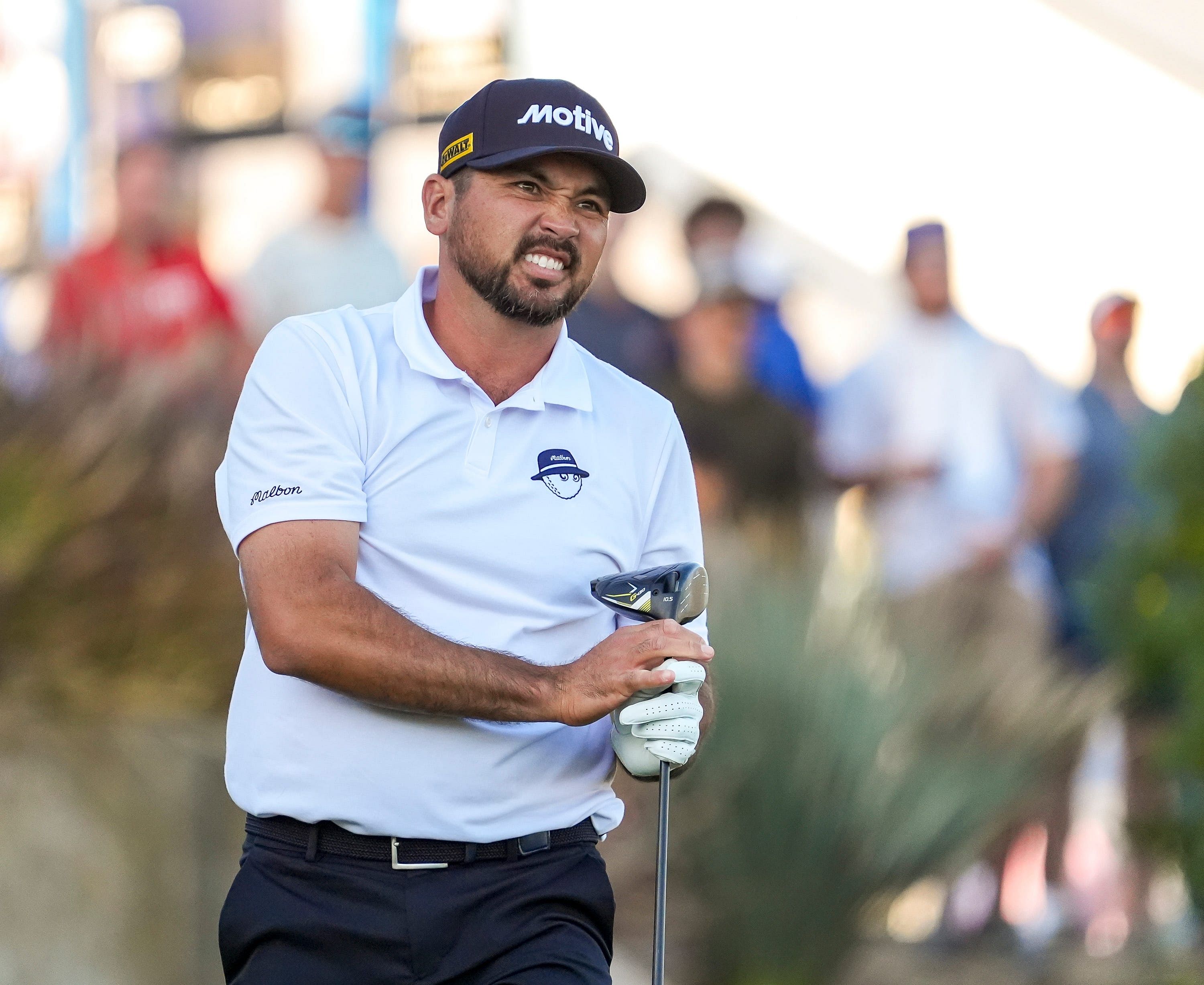 Jason Day reacts to his drive shot during the final round of The American Express. (Image Source: Imagn)