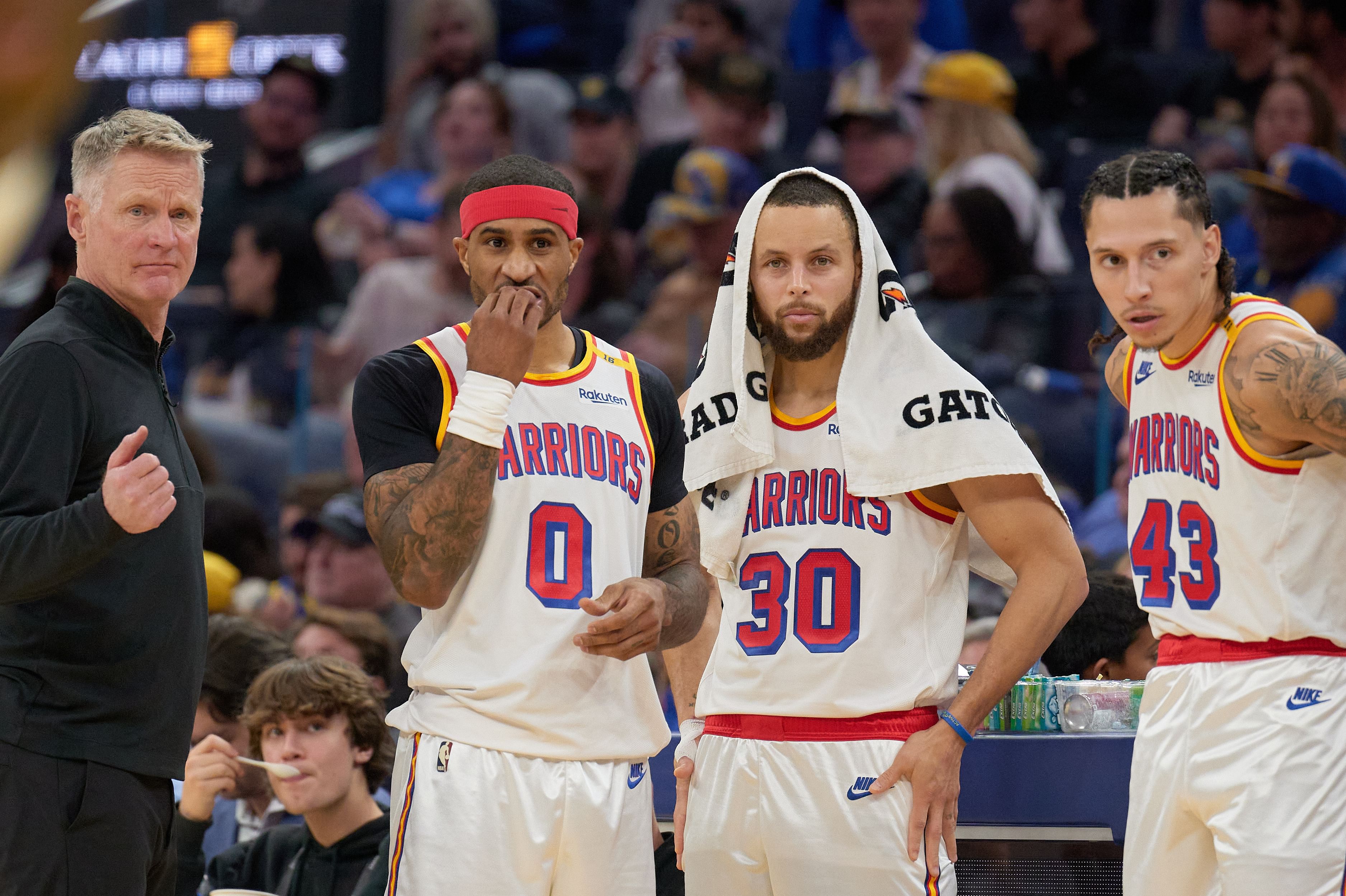 Golden State Warriors head coach Steve Kerr, guard Gary Payton II (0), guard Stephen Curry (30) and forward Lindy Waters III (43)- Source: Imagn