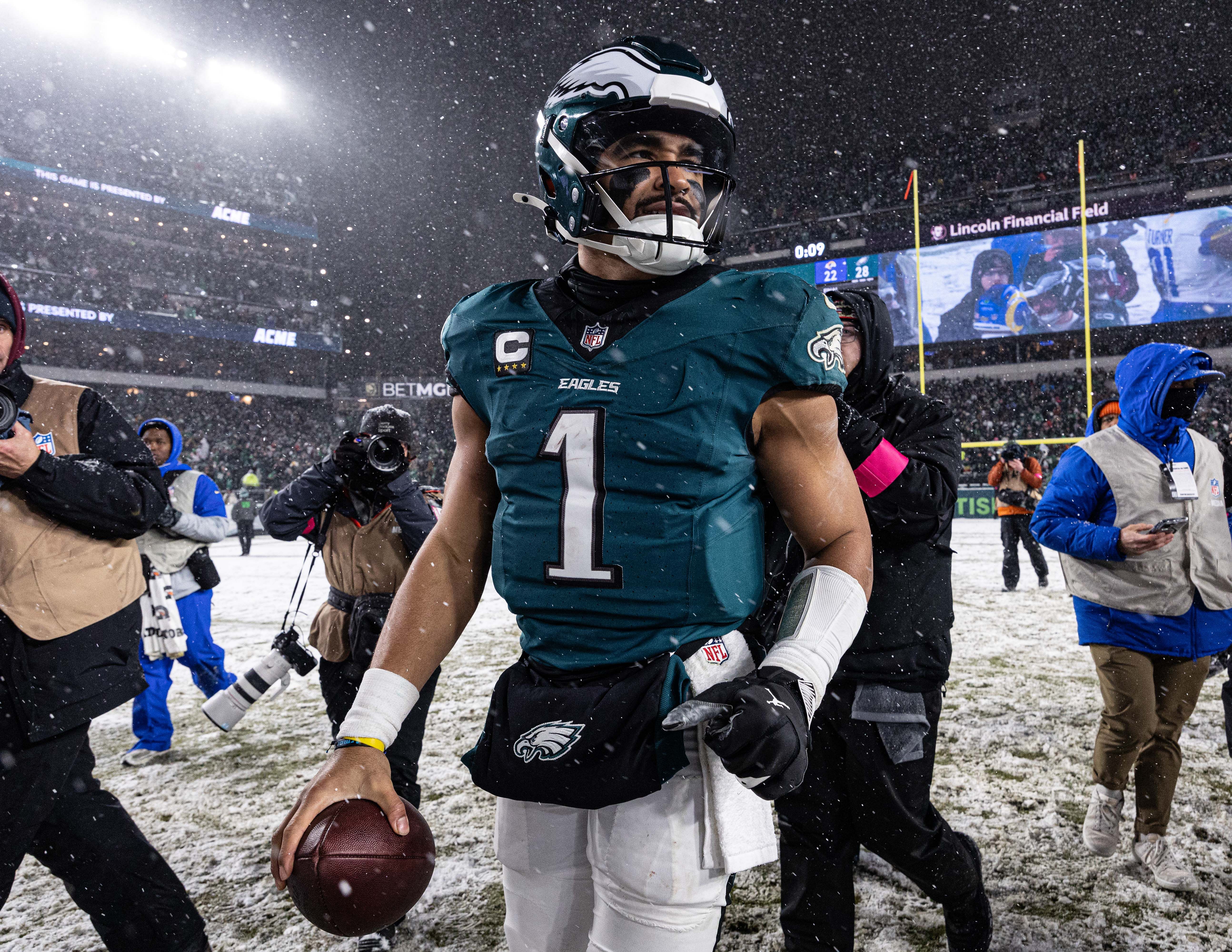 Jalen Hurts after the NFC Divisional Round game between the Los Angeles Rams and Philadelphia Eagles. (Credits: IMAGN)