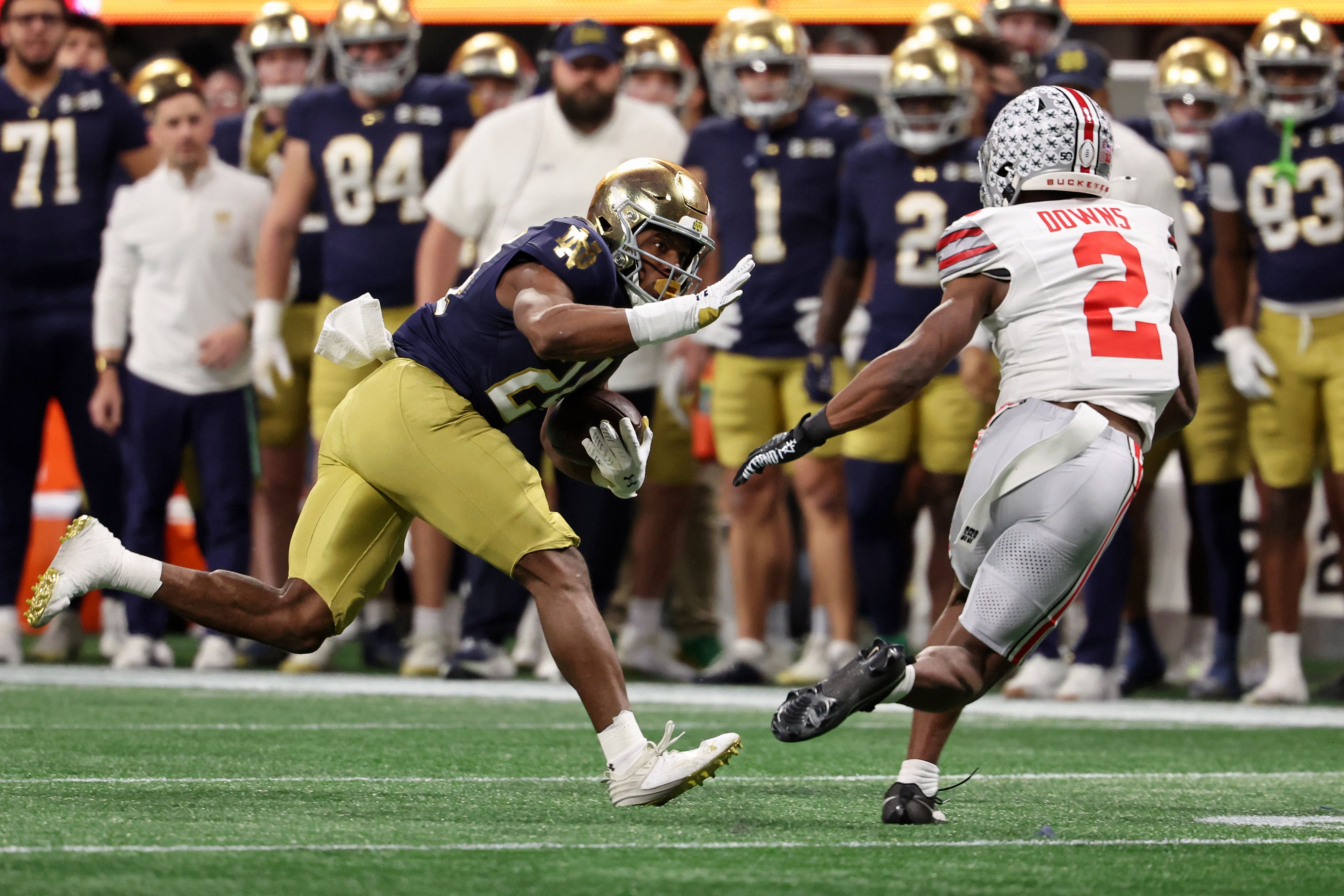 Caleb Downs helps track the Notre Dame offense in Ohio State&#039;s CFP title win. (Photo Credit: IMAGN)