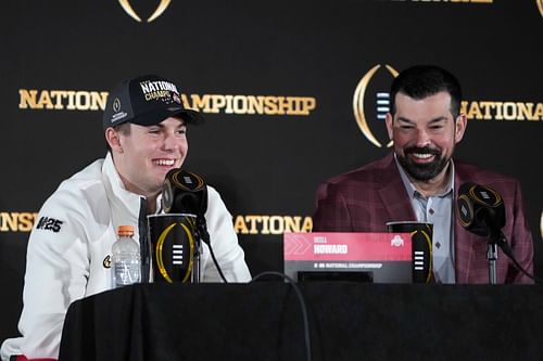 Ohio State Buckeyes quarterback Will Howard (left) and Ohio State Buckeyes head coach Ryan Day - Source: Imagn