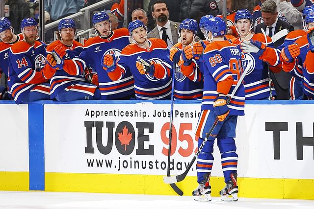 Jan 21, 2025; Edmonton, Alberta, CAN; The Edmonton Oilers celebrate a goal by forward Corey Perry (90) during the third period against the Washington Capitals at Rogers Place. Mandatory Credit: Perry Nelson-Imagn Images - Source: Imagn