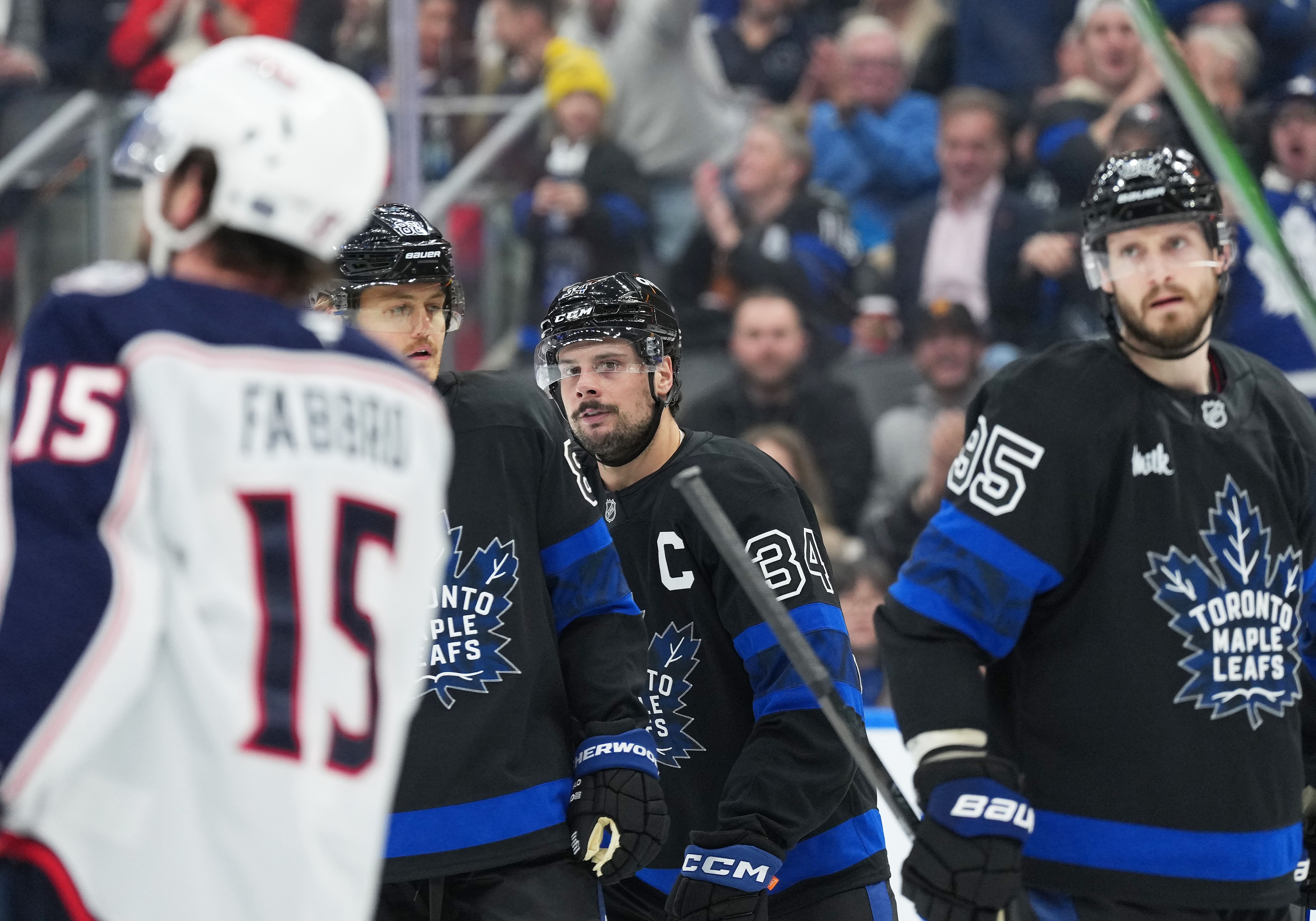 Jan 22, 2025; Toronto, Ontario, CAN; Toronto Maple Leafs center Auston Matthews (34) scores a goal and celebrates with right wing William Nylander (88) against the Columbus Blue Jackets during the third period at Scotiabank Arena. Mandatory Credit: Nick Turchiaro-Imagn Images - Source: Imagn