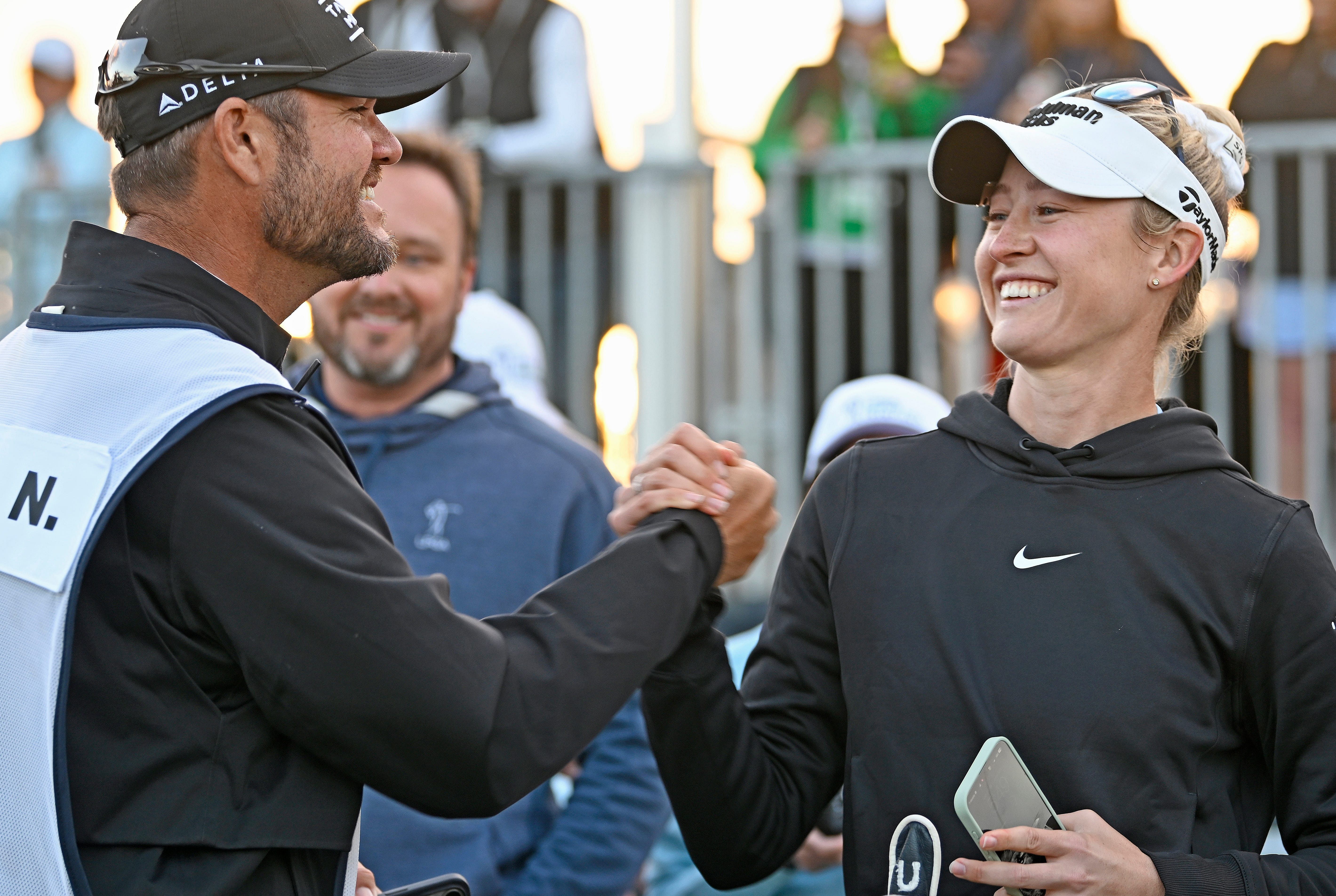 Nelly Korda celebrates with her caddy after defeating Lydia Ko in a sudden-death playoff to win the LPGA Drive On Championship - Source: Imagn