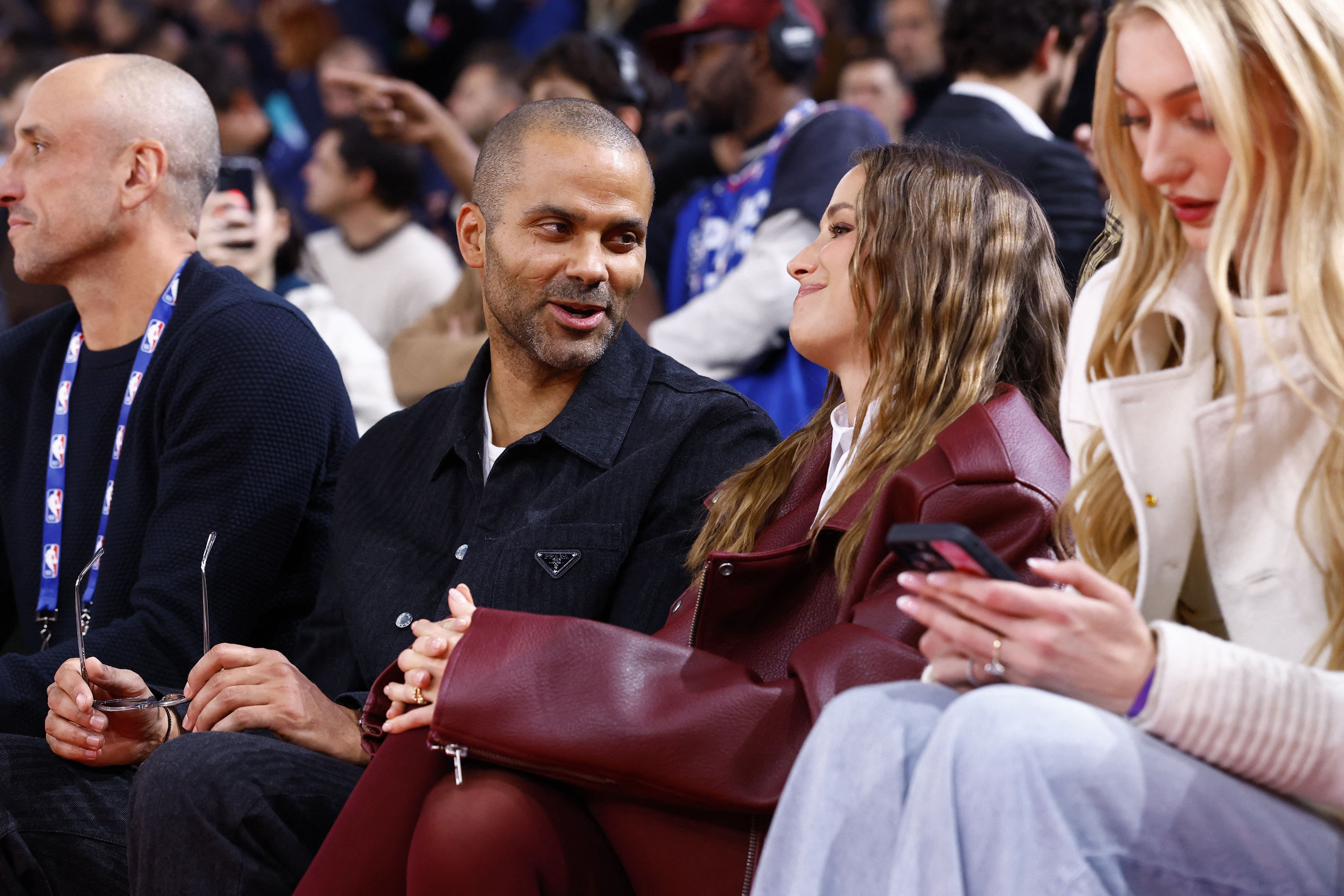 Former NBA player Tony Parker with actress Agathe Teyssier during the Paris Games 2025 NBA basketball at Accor Arena. Photo Credit: Imagn