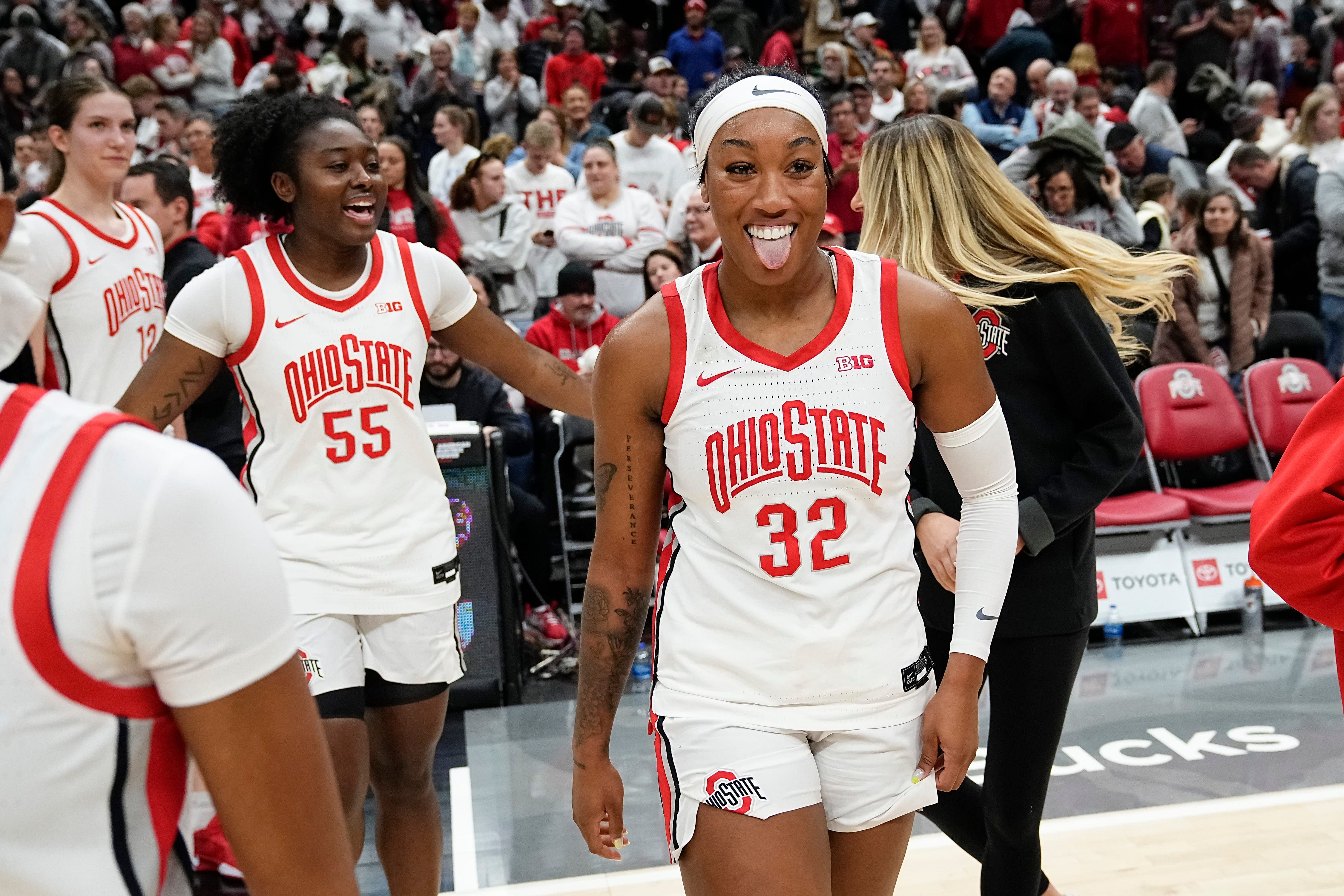 Ohio State Buckeyes forward Cotie McMahon (#32) reacts following the 74-66 win over the Maryland Terrapins in the NCAA women&#039;s basketball game at Value City Arena on Jan. 23, 2025. Photo: Imagn