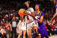 South Carolina Gamecocks forward Joyce Edwards (#8) drives past LSU Tigers forward Sa'Myah Smith (#5) in the first half at Colonial Life Arena. Photo: Imagn