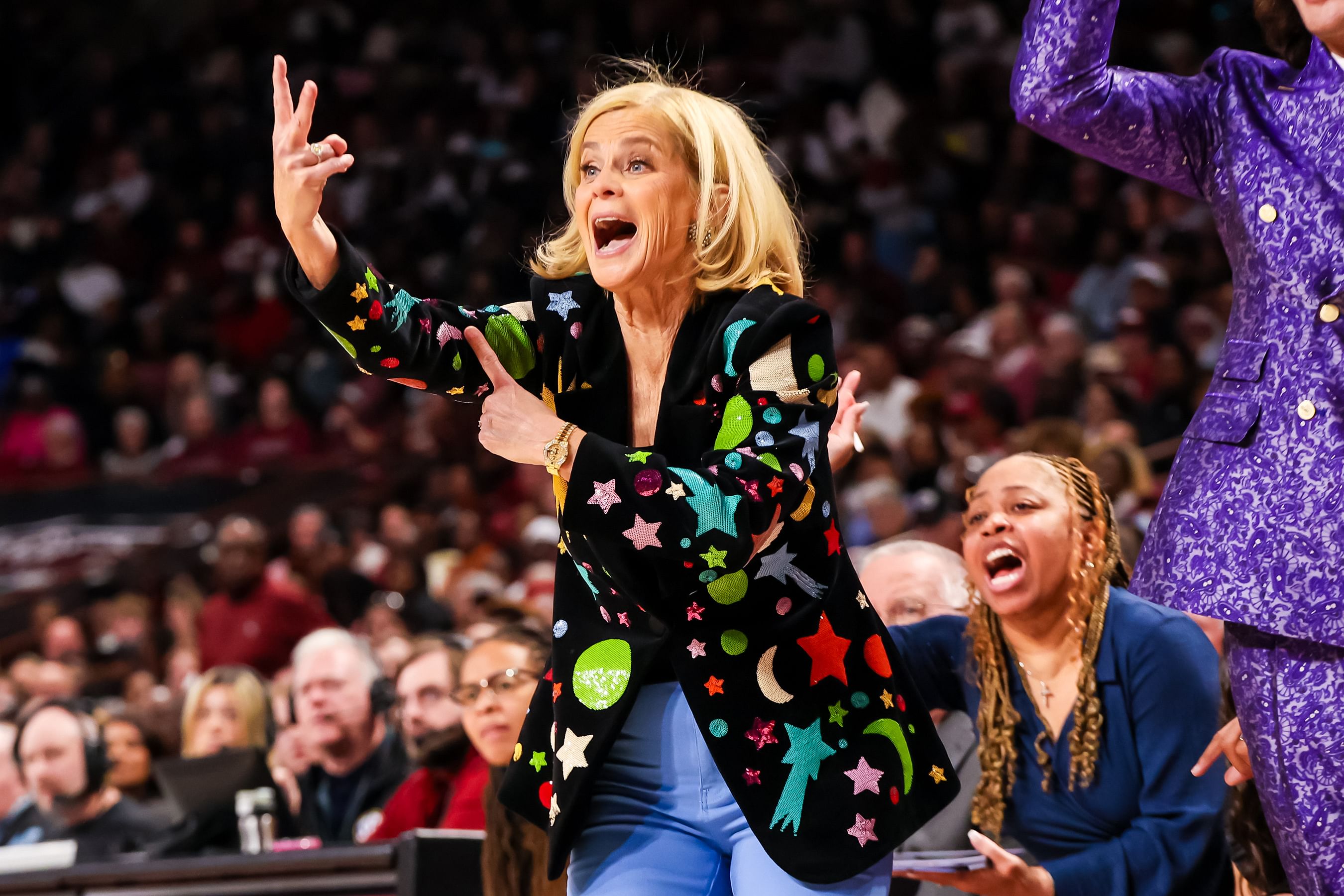 LSU Tigers head coach Kim Mulkey disputes a call during the game against the South Carolina Gamecocks in the second half at Colonial Life Arena. Photo: Imagn