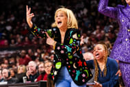 LSU Tigers head coach Kim Mulkey disputes a call during the game against the South Carolina Gamecocks in the second half at Colonial Life Arena. Photo: Imagn