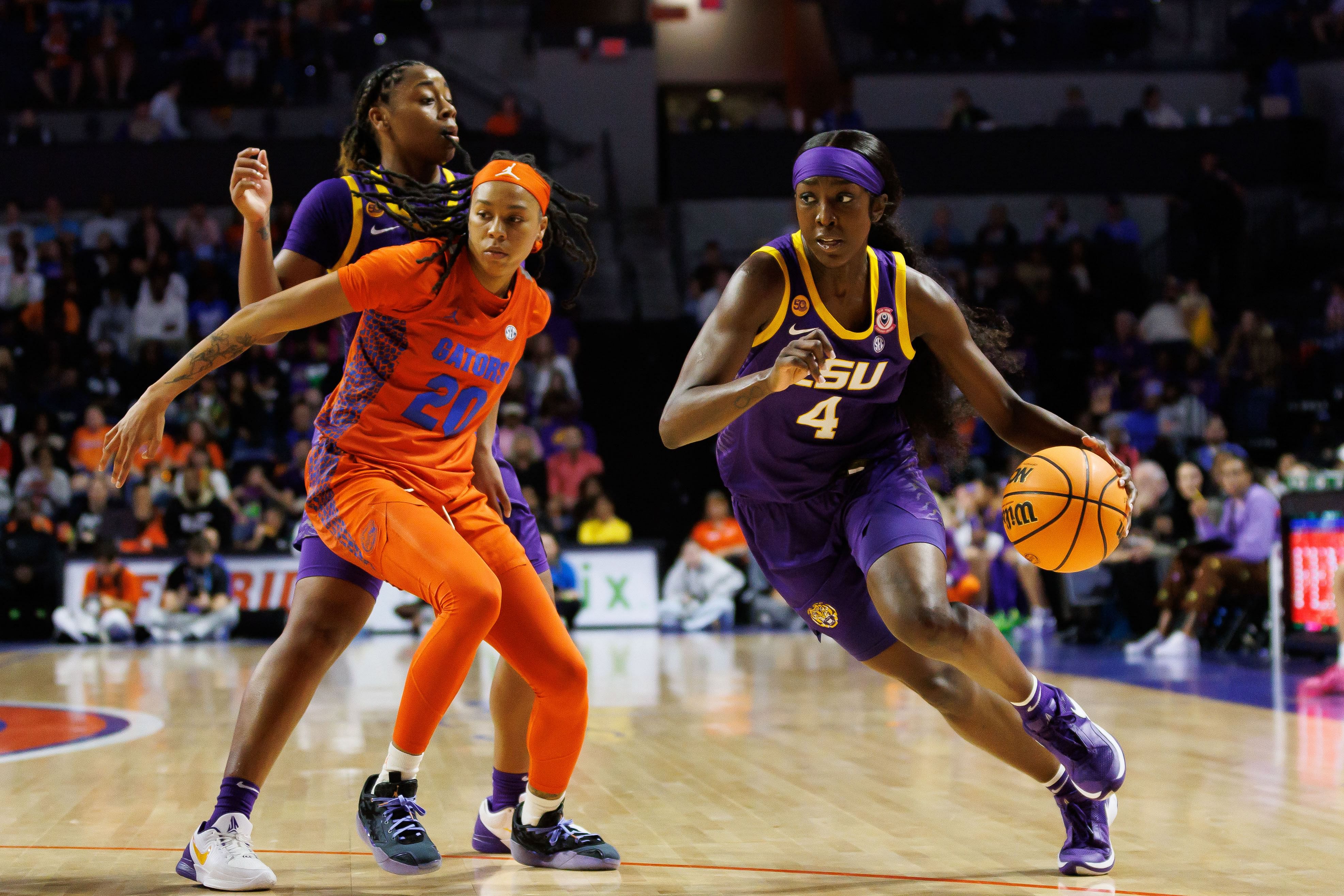 LSU Tigers guard Flau'jae Johnson (#4) in action against Gators in Florida. Photo: Imagn