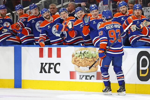 Jan 25, 2025; Edmonton, Alberta, CAN; The Edmonton Oilers celebrate a goal scored by forward Ryan Nugent-Hopkins (93) during the third period against the Buffalo Sabres at Rogers Place. Mandatory Credit: Perry Nelson-Imagn Images - Source: Imagn