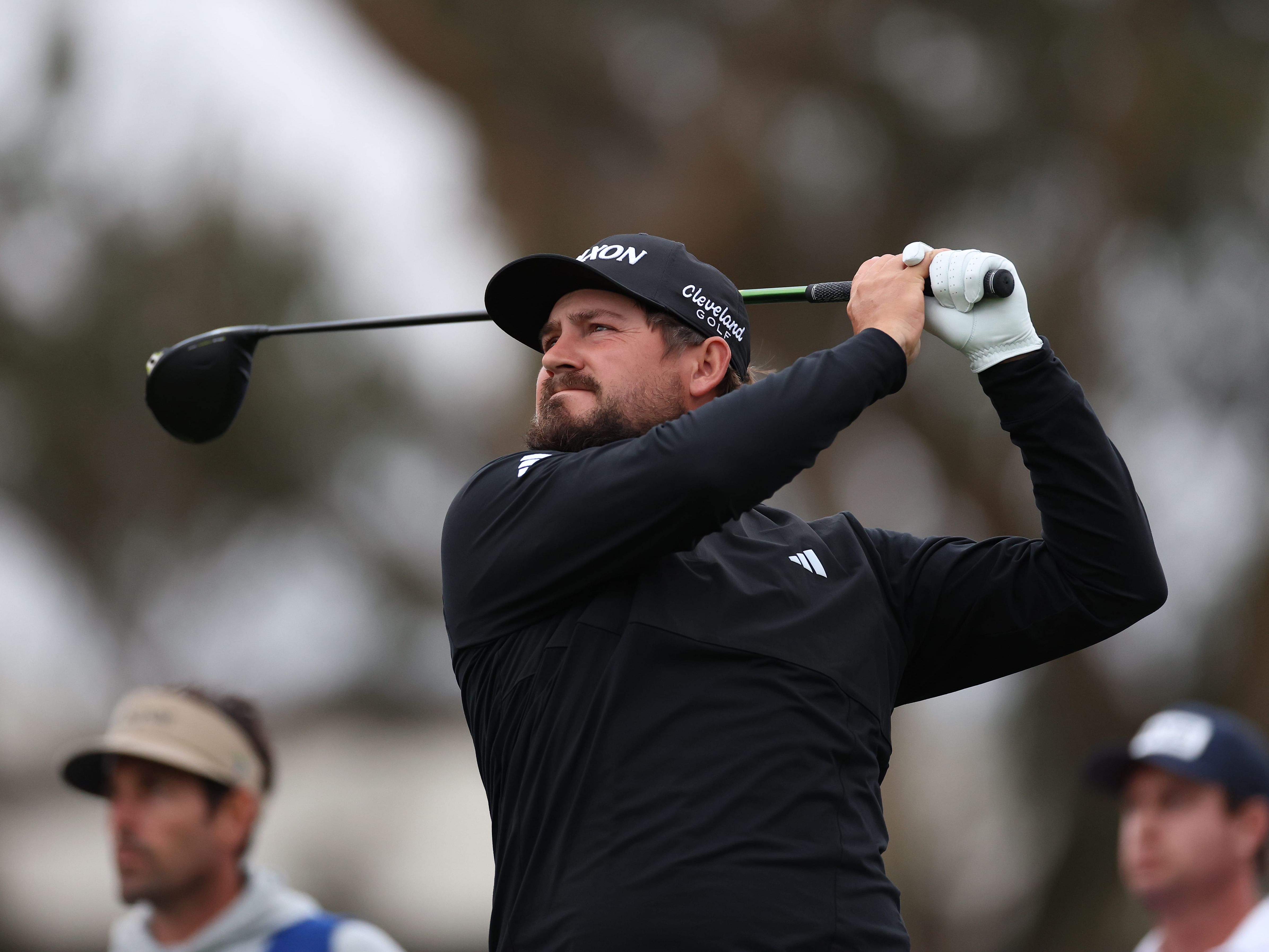 Andrew Novak hits from the 18th tee box during the final round of the Farmers Insurance Open golf tournament- Source: Imagn