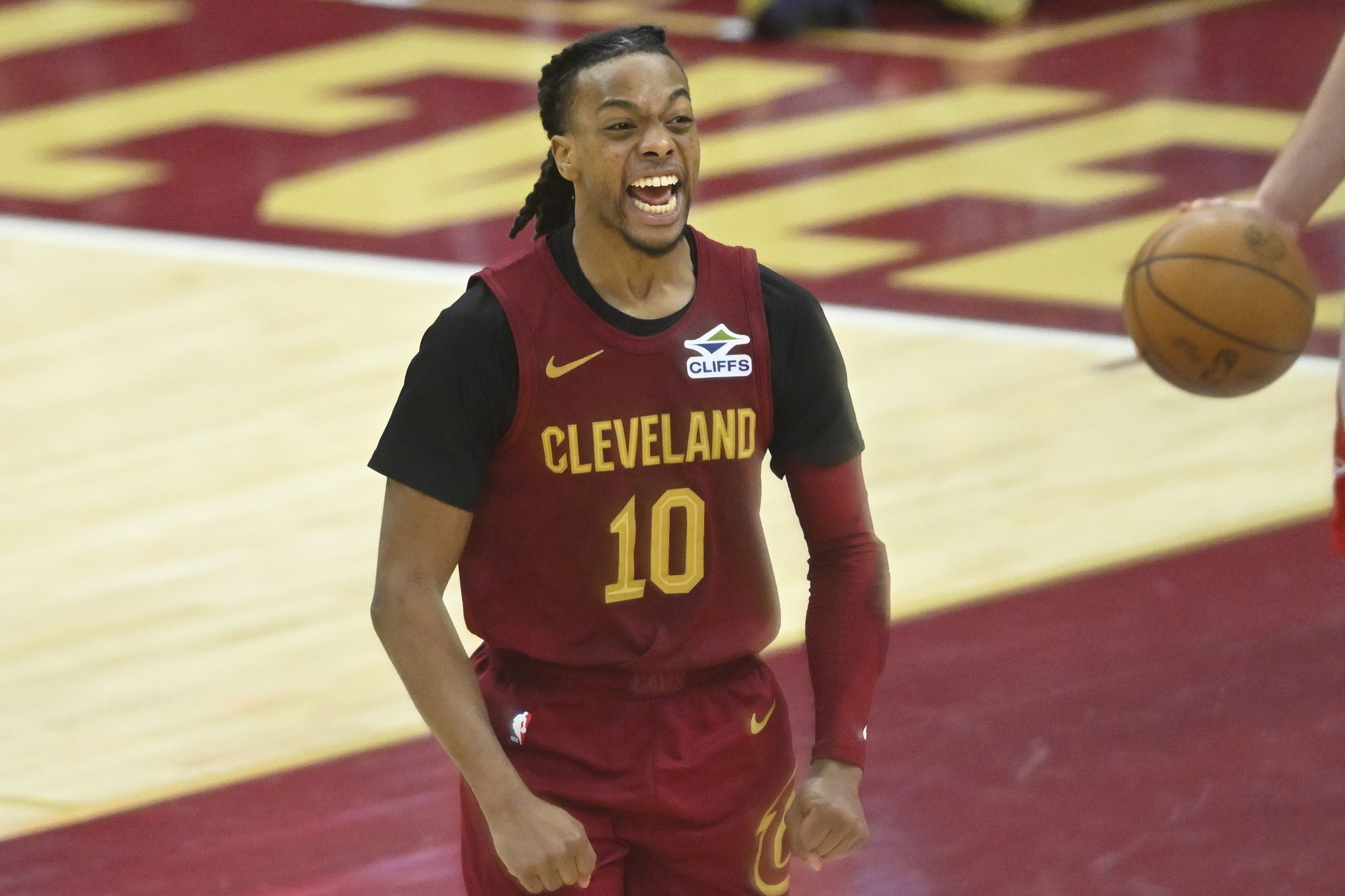 Cleveland Cavaliers guard Darius Garland celebrates against the Houston Rockets at Rocket Mortgage FieldHouse. Photo Credit: Imagn