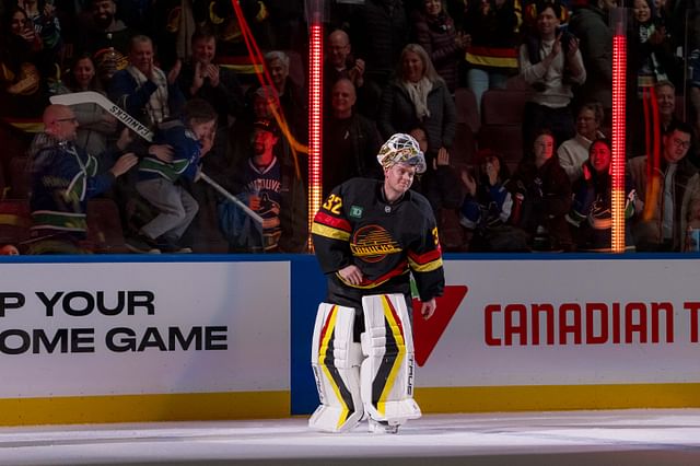 Jan 25, 2025; Vancouver, British Columbia, CAN; Vancouver Canucks goalie Kevin Lankinen (32) skates as the second star of the game against the Washington Capitals at Rogers Arena. Mandatory Credit: Bob Frid-Imagn Images - Source: Imagn