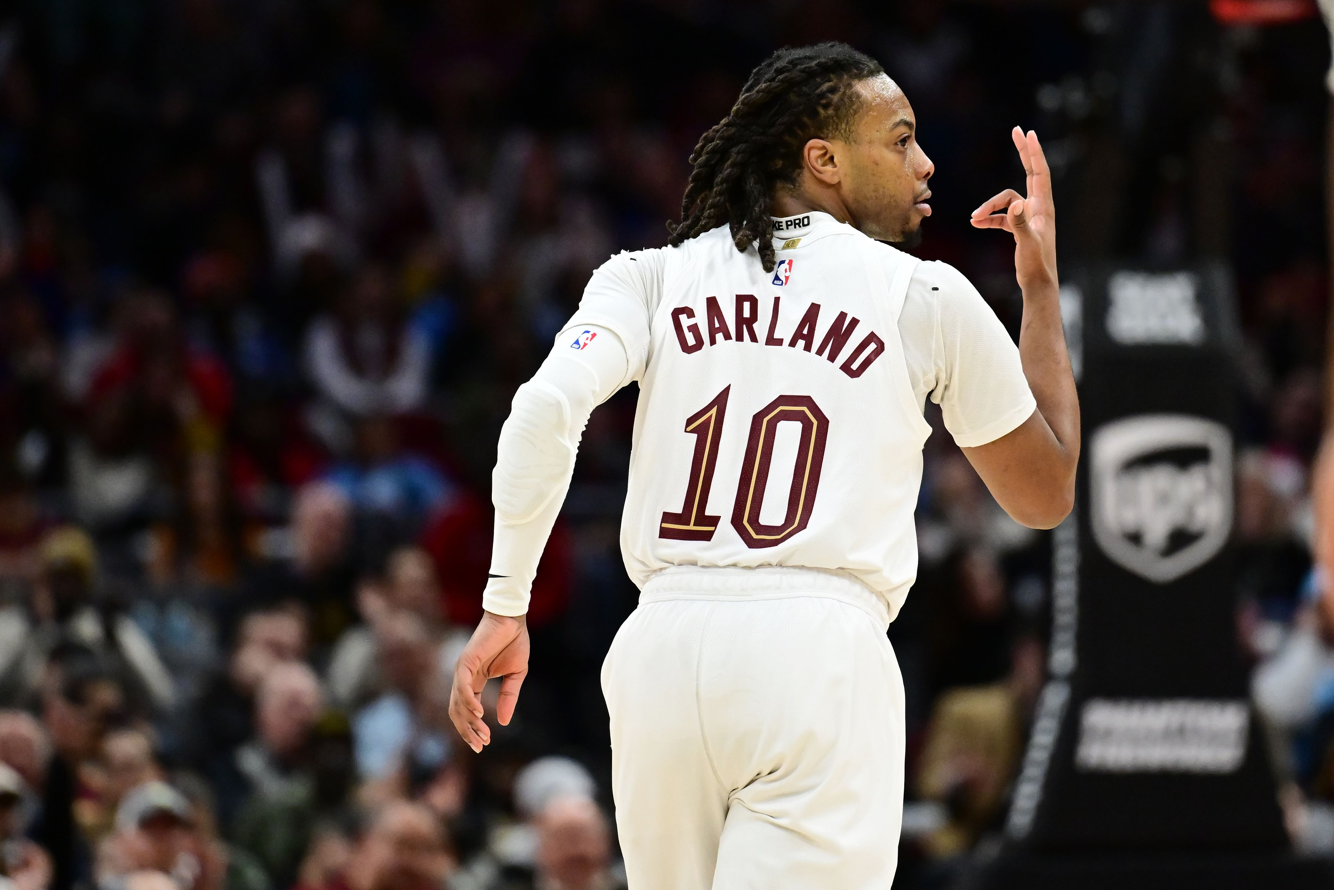 Cleveland Cavaliers guard Darius Garland celebrates after hitting a 3-point basket against the Detroit Pistons at Rocket Mortgage FieldHouse. Photo Credit: Imagn