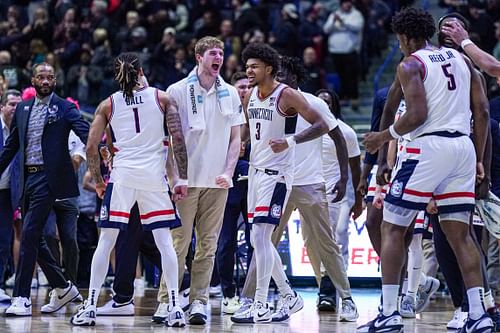 UConn Huskies guard Solo Ball (1), forward Liam McNeeley (30) and forward Jaylin Stewart (3) react after a play against the DePaul Blue Demons in the second half at XL Center. Photo: Imagn