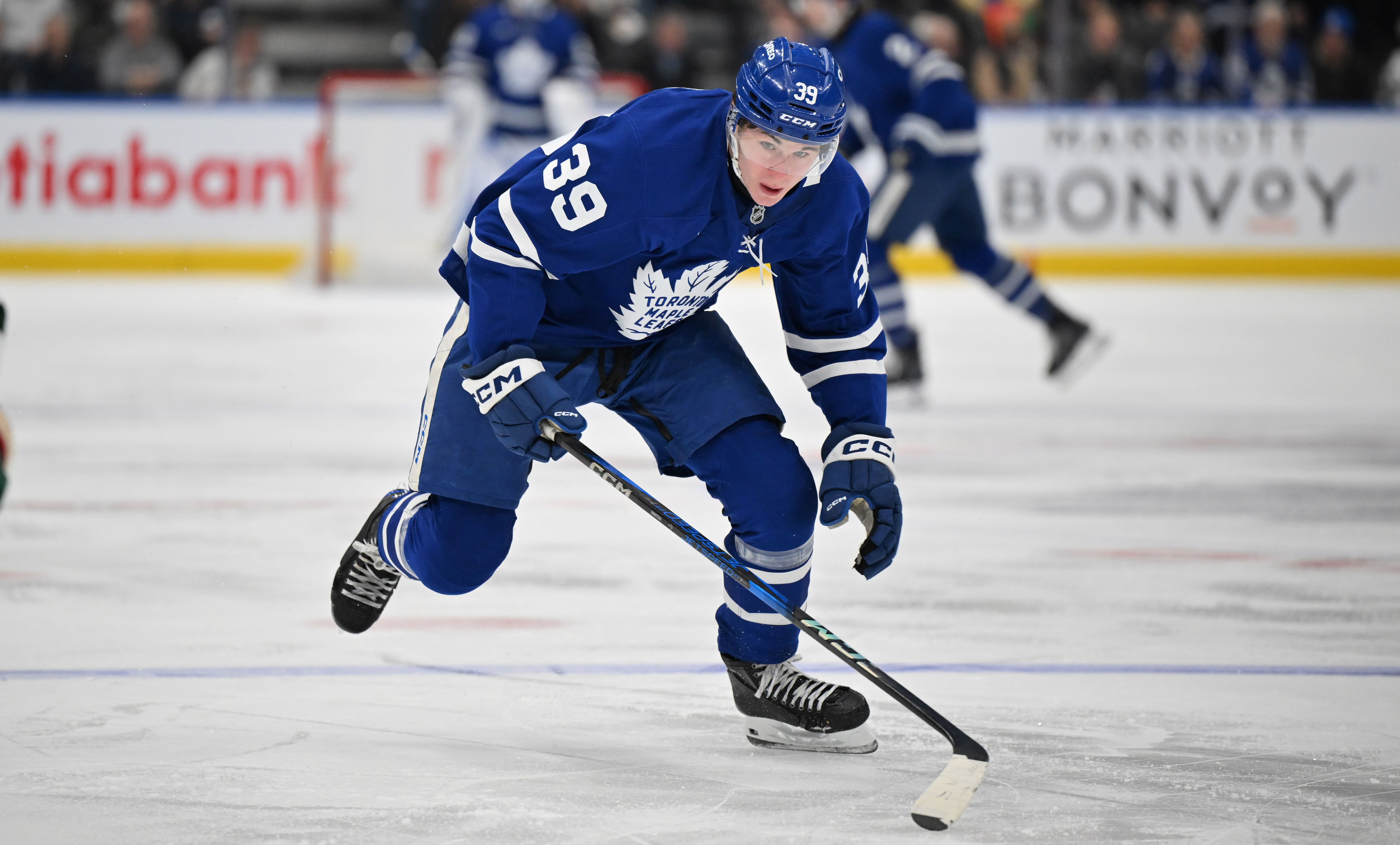 Jan 29, 2025; Toronto, Ontario, CAN; Toronto Maple Leafs forward Fraser Minten (39) pursues the play against the Minnesota Wild in the third period at Scotiabank Arena. Mandatory Credit: Dan Hamilton-Imagn Images - Source: Imagn