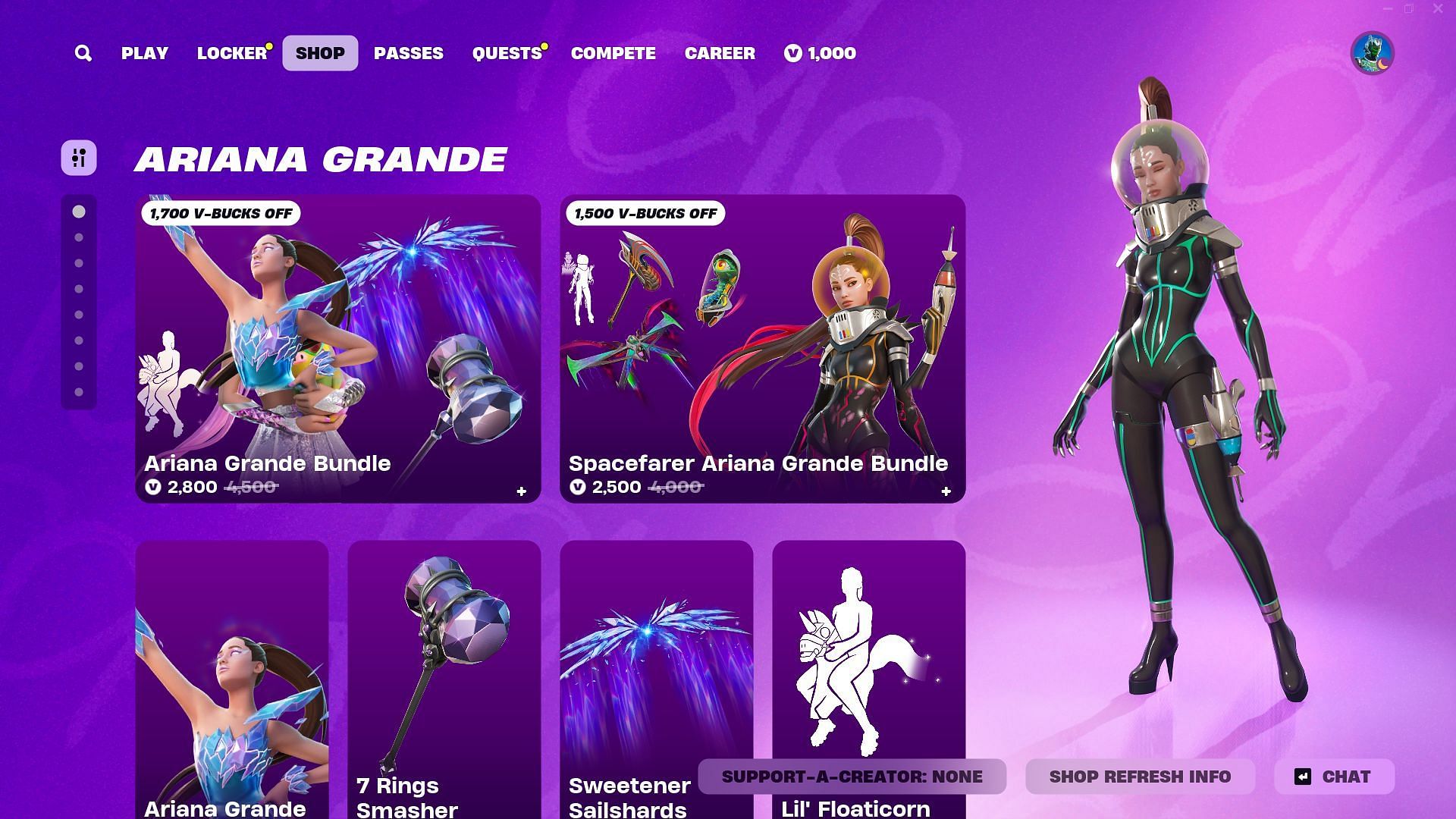 You can now purchase the Spacefarer Ariana Grande skin in Fortnite (Image via Epic Games)