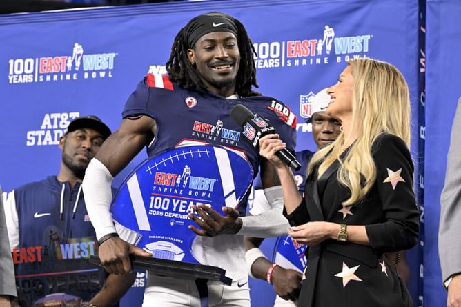 Who won the defensive MVP in East-West Shrine Bowl? Looking at the college football postseason game