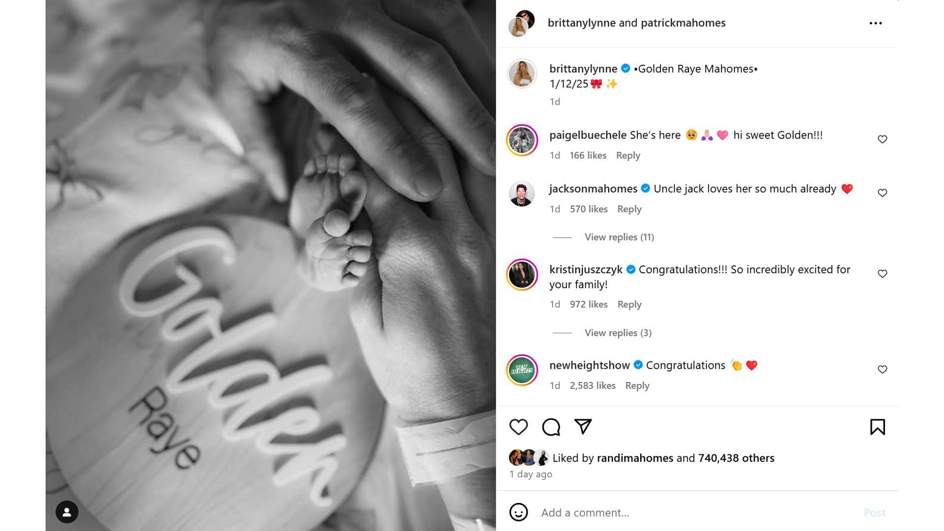 Kristin Juszczyk congratulates Brittany and Patrick Mahomes after baby Golden Raye&#039;s birth [Image credit: @brittanylynne IG]