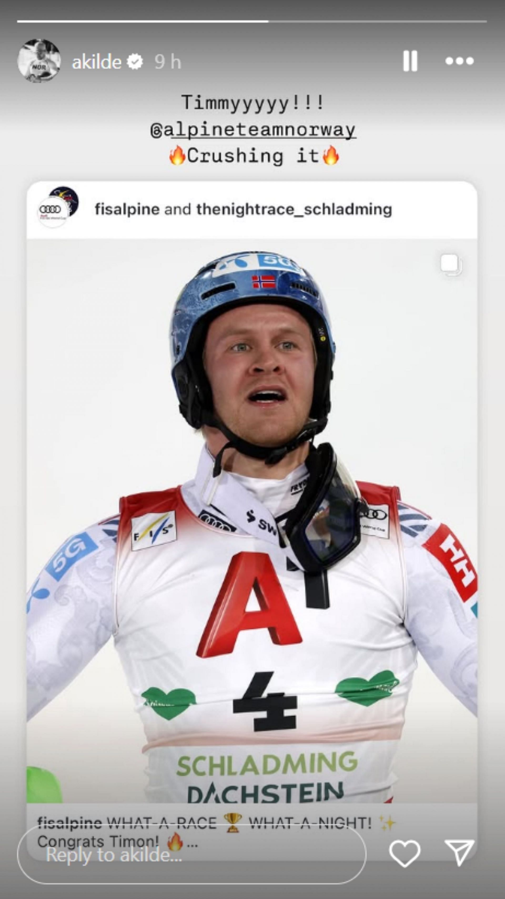 Aleksander Kilde shouts out to Timon Haugan on his slalom win; Instagram - @akilde