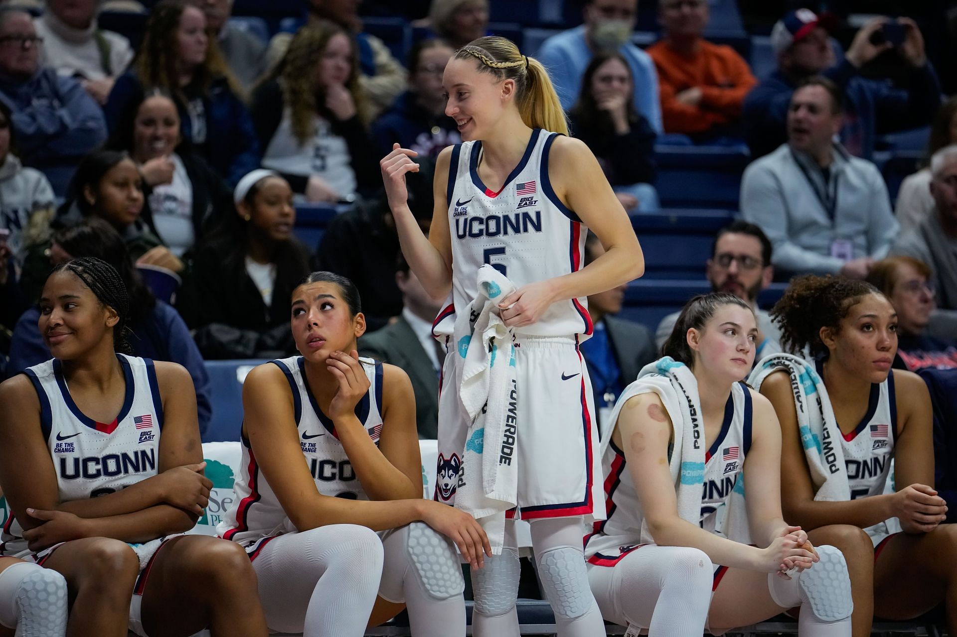 Paige Bueckers (#5) of the UConn Huskies talks with her teammates during the game against the Villanova Wildcats at the Harry A. Gampel Pavilion on January 22, 2025, in Storrs, Connecticut (Credits: Getty)