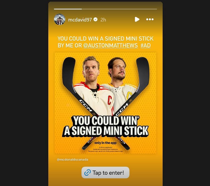 Connor McDavid shared the exclusive McDonalds contest post on his Instagram story. (Credits: IG/@mcdavid97)