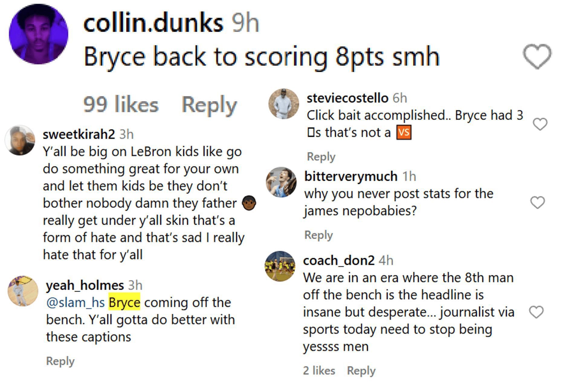 Fans react to Bryce James losing to Harvard Westlake (Source: Instagram/slam_hs)