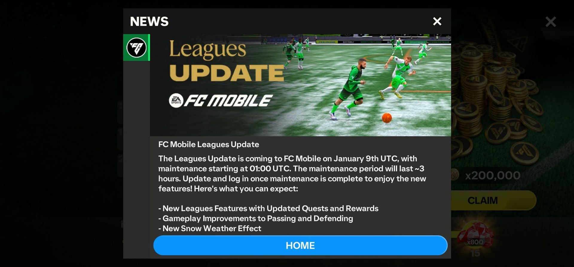 EA Sports&#039; in-game pop-up message regarding the upcoming FC Mobile Scheduled Maintenance on January 9, 2025 (Image via EA Sports)