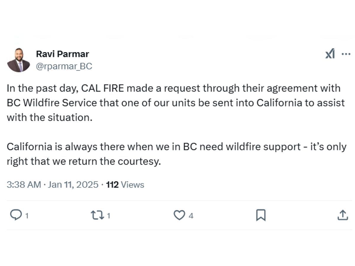 British Columbia Forests Minister&#039;s tweet (Image via X/ @rparmar_BC)