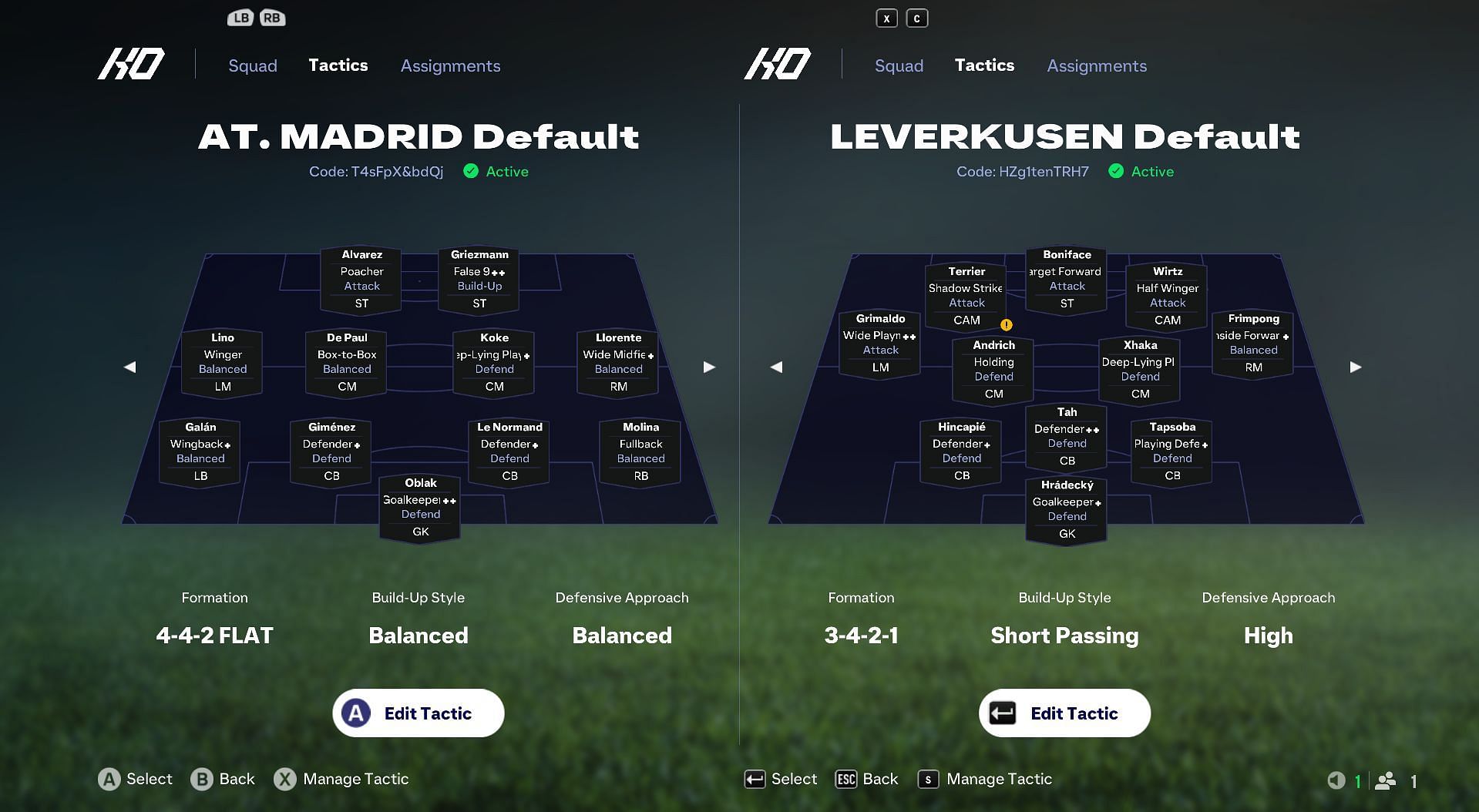 Atletico and Leverkusen default EA FC 25 tactics (Image via EA Sports)