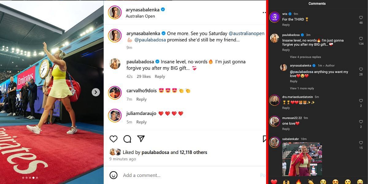 Paula Badosa&#039;s comment and Aryna Sabalenka&#039;s response on Instagram (Image: Instagram @arynasabalenka)