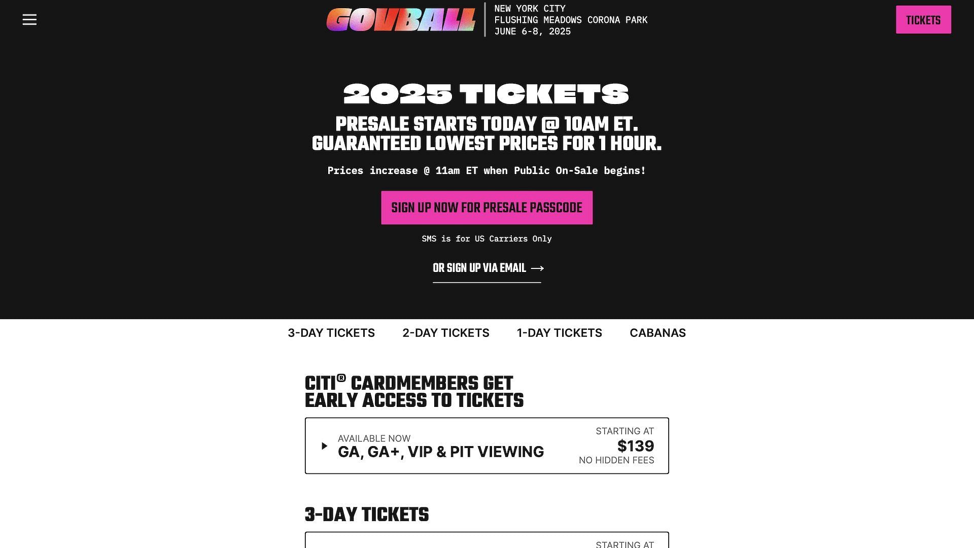 A screenshot of the tickets &quot;pre-sale&quot; listed on the official website for the 2025 Governors Ball scheduled to begin on June 6, 2025 (Image via governorsballmusicfestival.com)