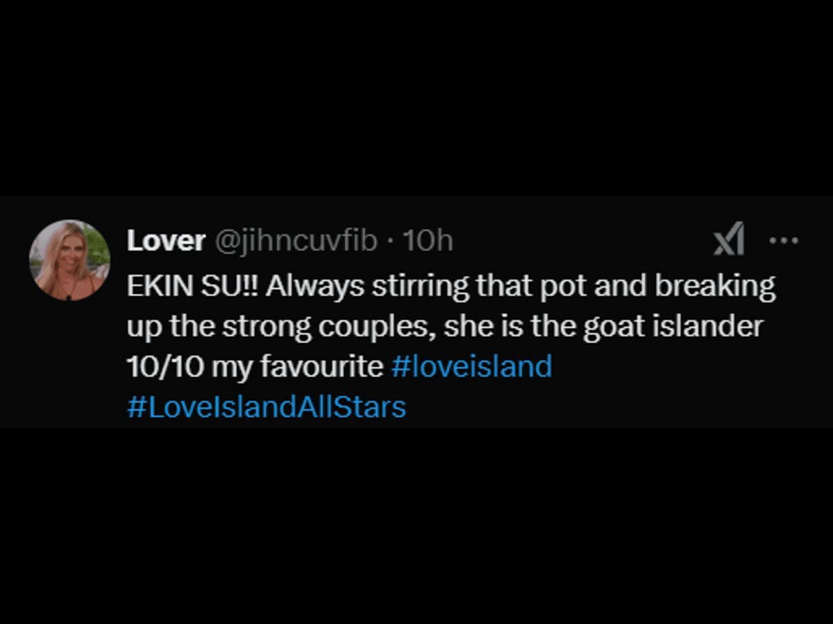 A Love Island: All Stars fan reacts to Ekin-Su&#039;s conversations with her co-stars (Image via X/@jihncuvfib)