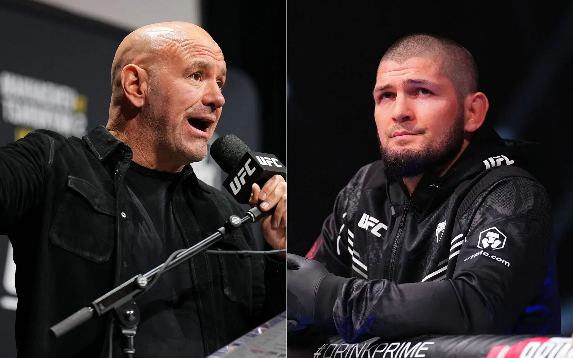 Dana White (left) criticises Frontier Airlines for their treatment of Khabib Nurmagomedov (right) [Image courtesy: Getty]