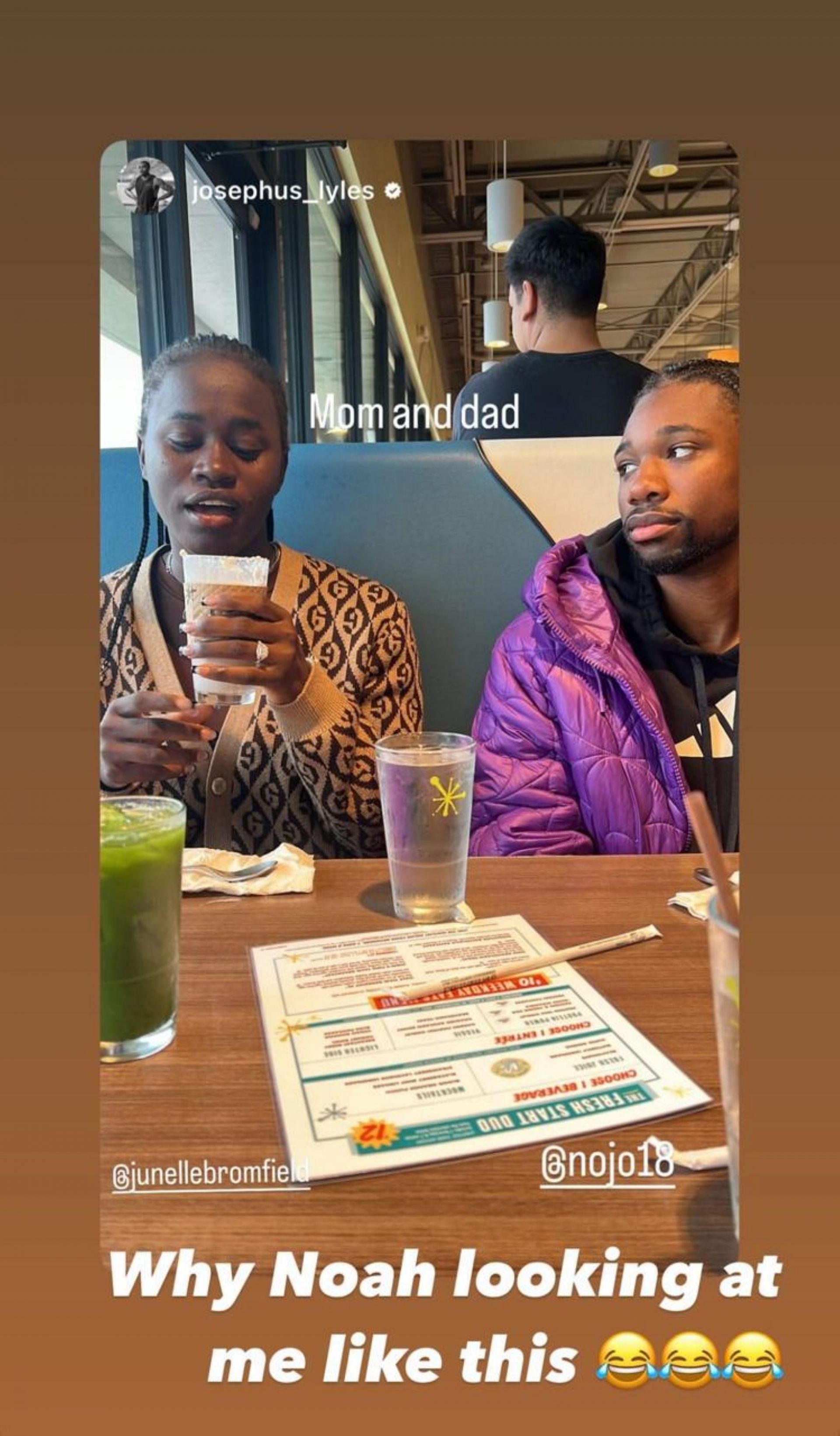 Junelle Bromfield reacts to Noah Lyles staring at her; Instagram - @junellebromfield