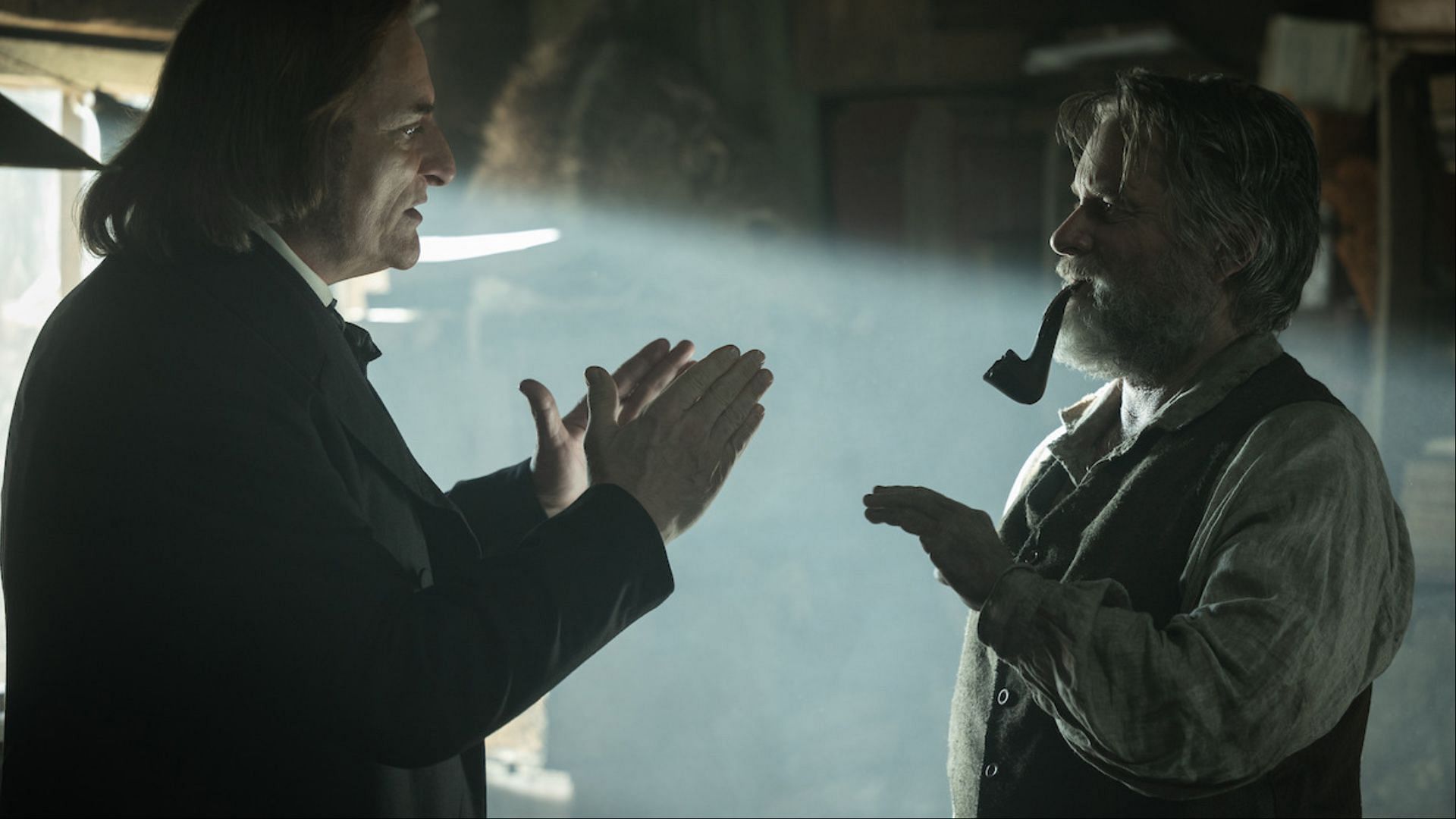 Kim Coates as Brigham Young and Shea Whigham (right) as Jim Bridger in American Primeval (Image via Netflix Tudum)