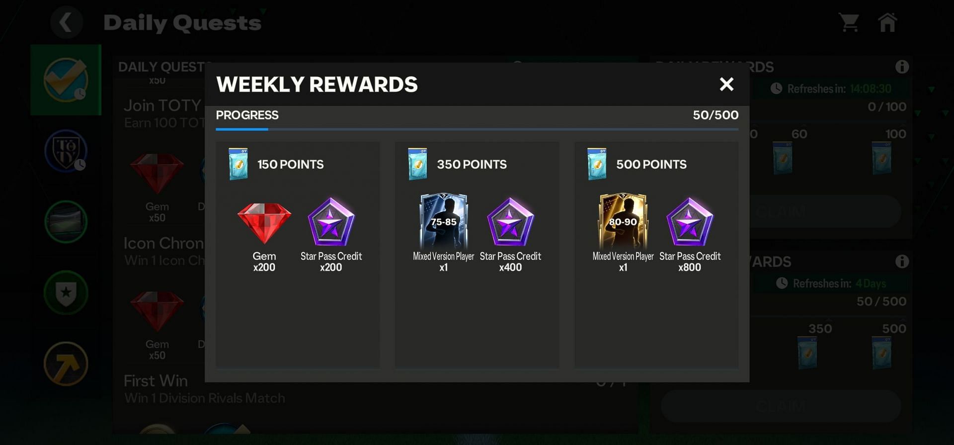 Star Pass Credits can be obtained by completing daily and weekly FC Mobile quests (Image via EA Sports)