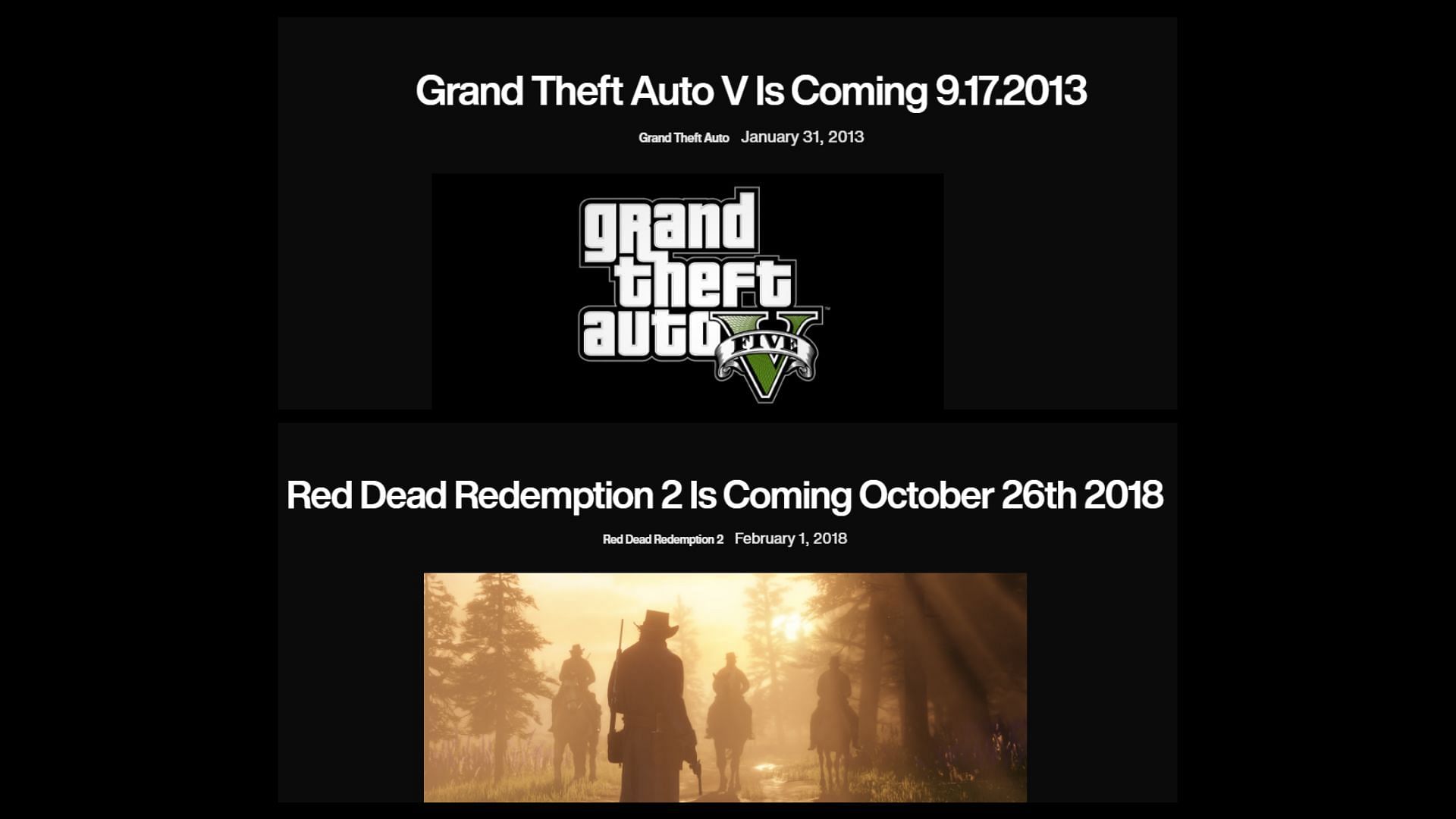 Rockstar&#039;s Newswire posts regarding GTA 5 and Red Dead Redemption 2&#039;s release dates (Images via Rockstar Games)