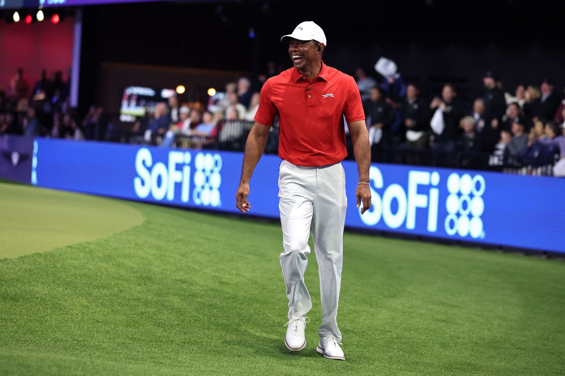 PALM BEACH GARDENS, FLORIDA - JANUARY 14: Tiger Woods of Jupiter Links Golf Club laughs on the 14th green during their TGL presented by SoFi match against the Los Angeles Golf Club SoFi Center on January 14, 2025 in Palm Beach Gardens, Florida. (Photo by Megan Briggs/TGL/TGL via Getty Images) - Source: Getty